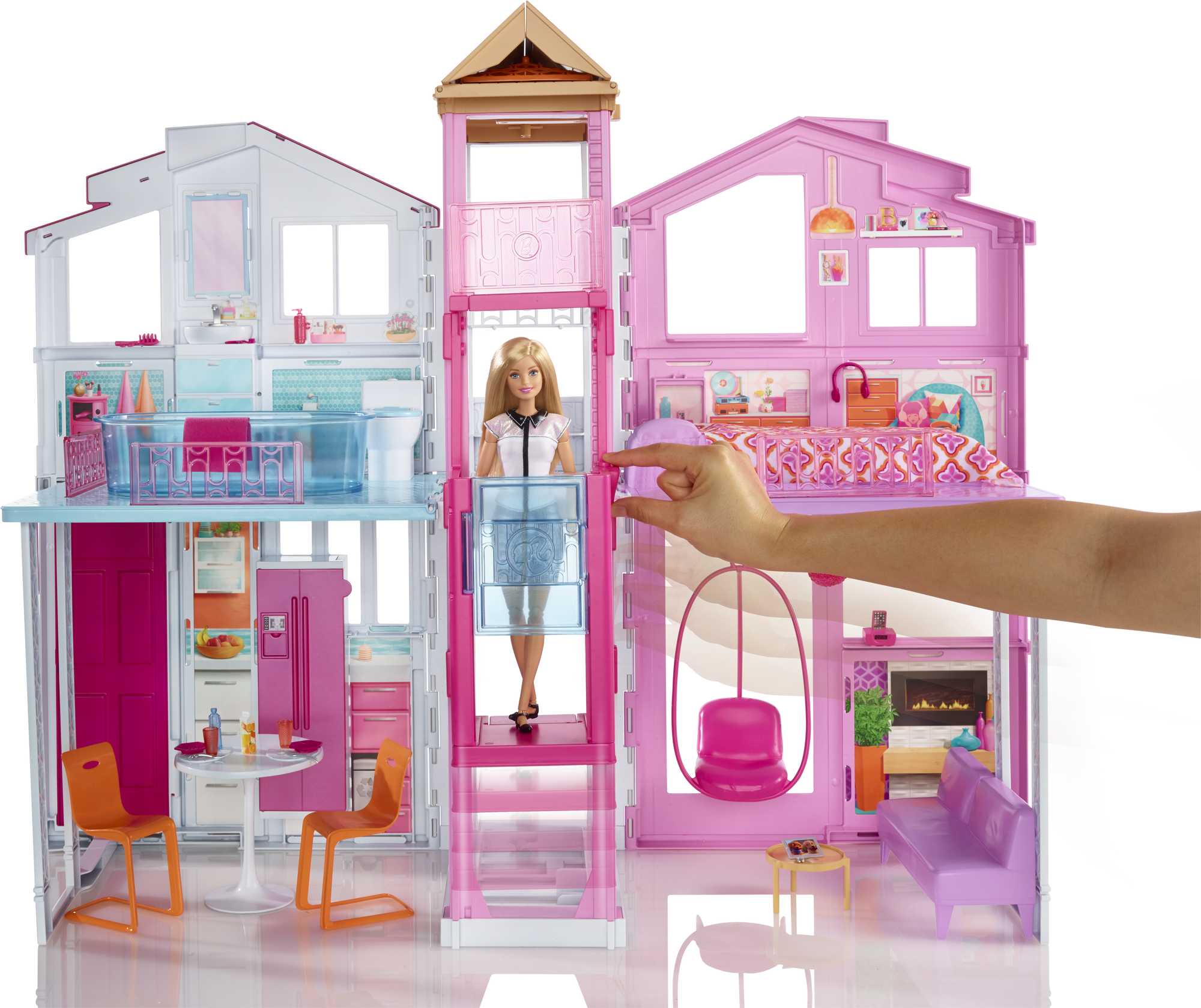 Barbie 3-Story Townhouse Dollhouse With Elevator, Swing Chair, Furniture And Accessories - Image 3