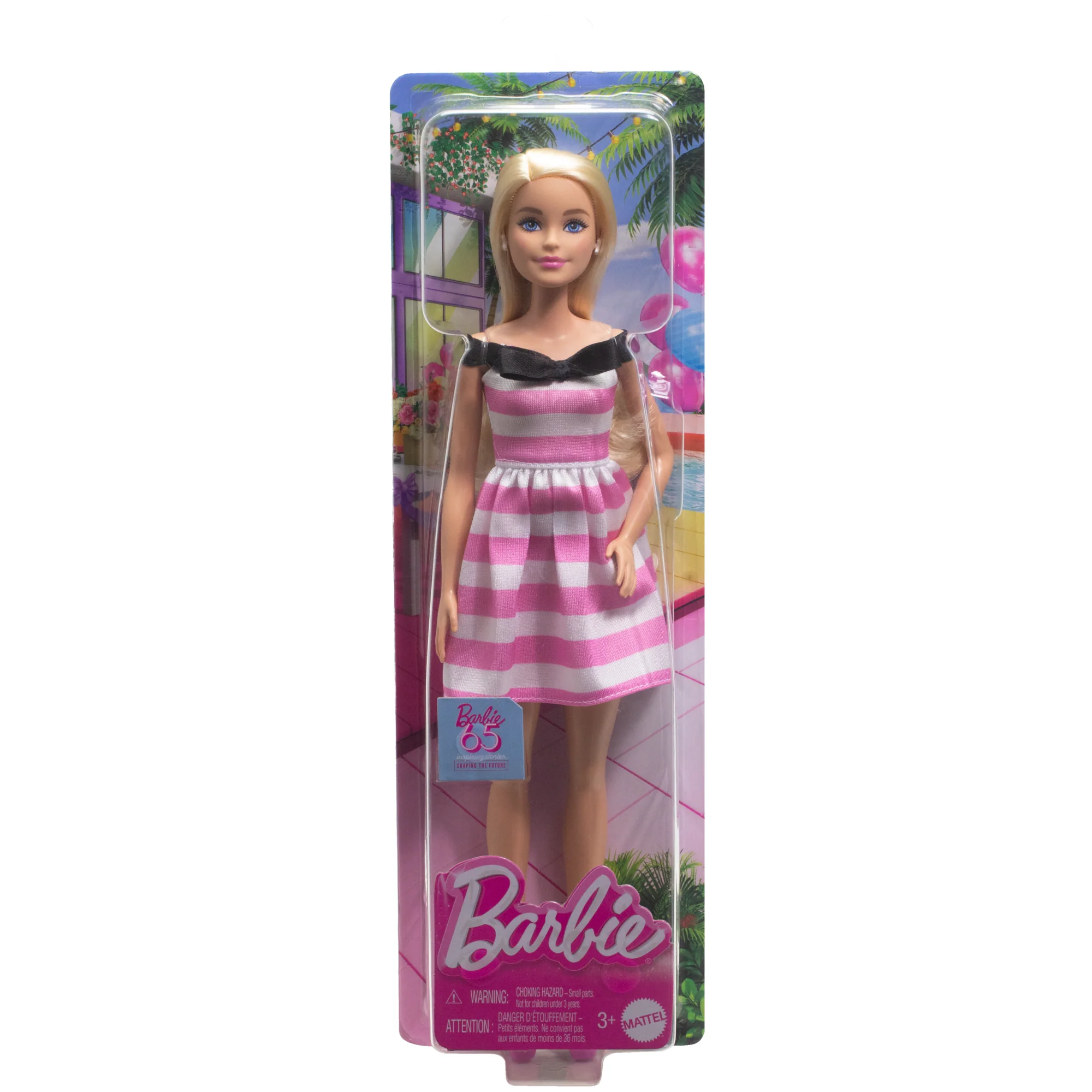 Barbie 65th Anniversary Fashion Doll With Blonde Hair, Pink Striped Dress And Accessories - Image 6