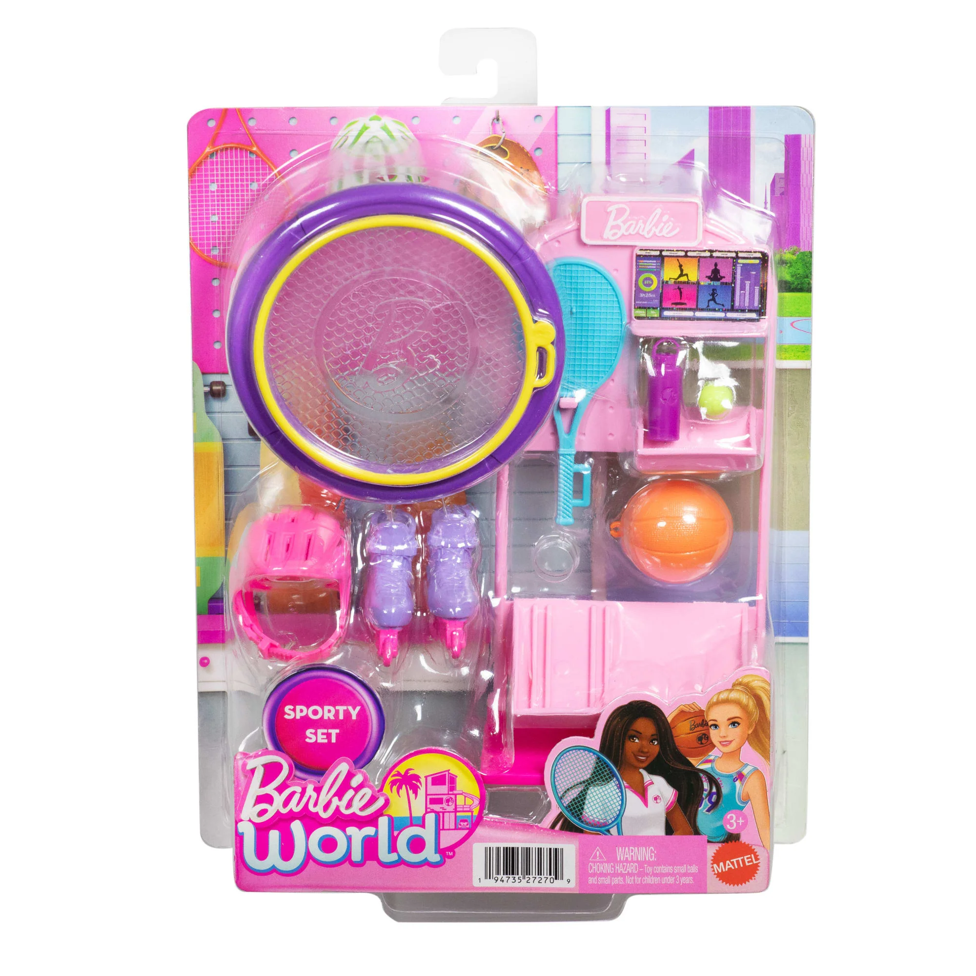 Barbie World Sport Rack Toy Playset With 9 Doll Accessories including Trampoline, Tennis Racket, & Skates - Image 6