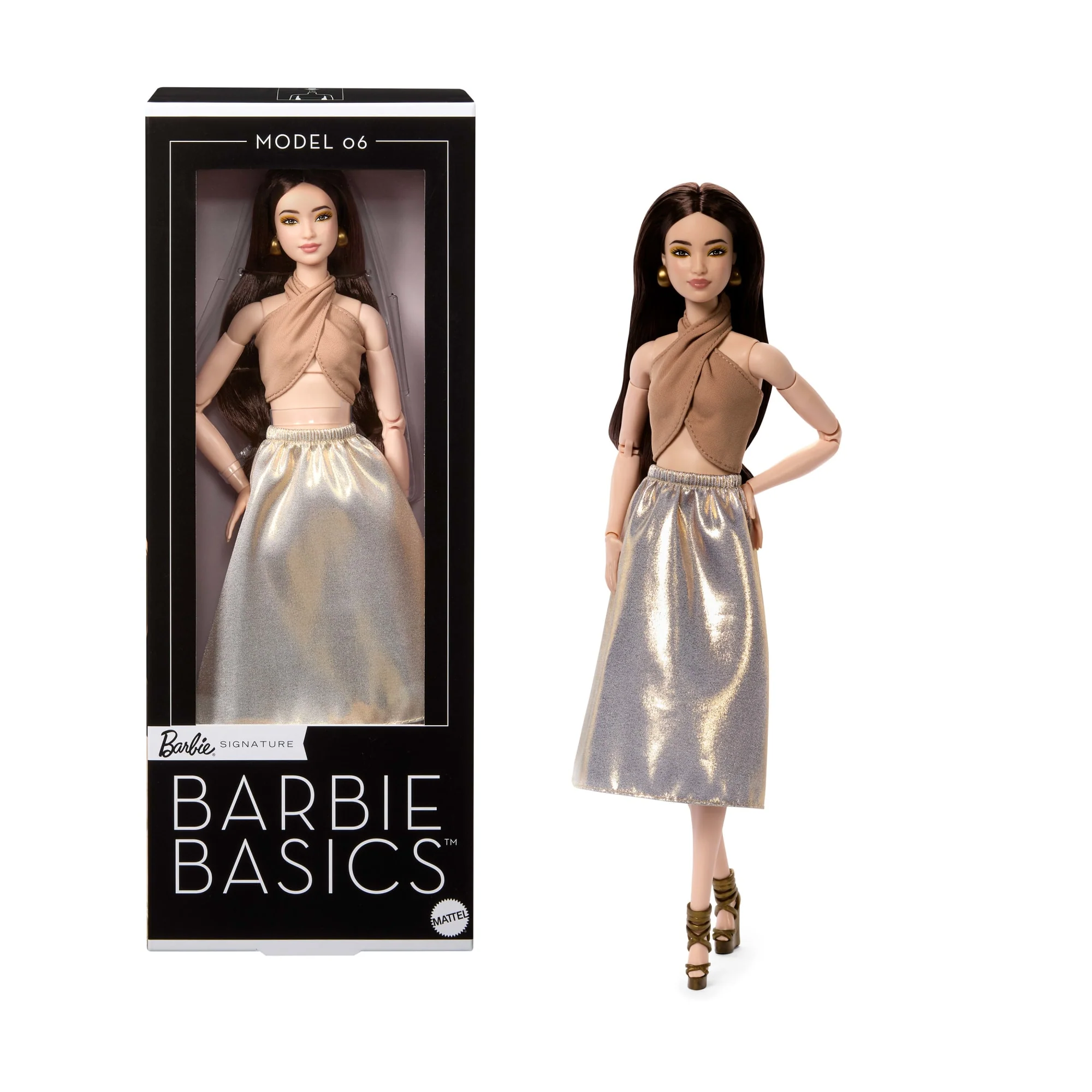 Barbie Basics Collectible Doll, Model 06 With Brunette Hair in Shimmery Golden Skirt & Halter