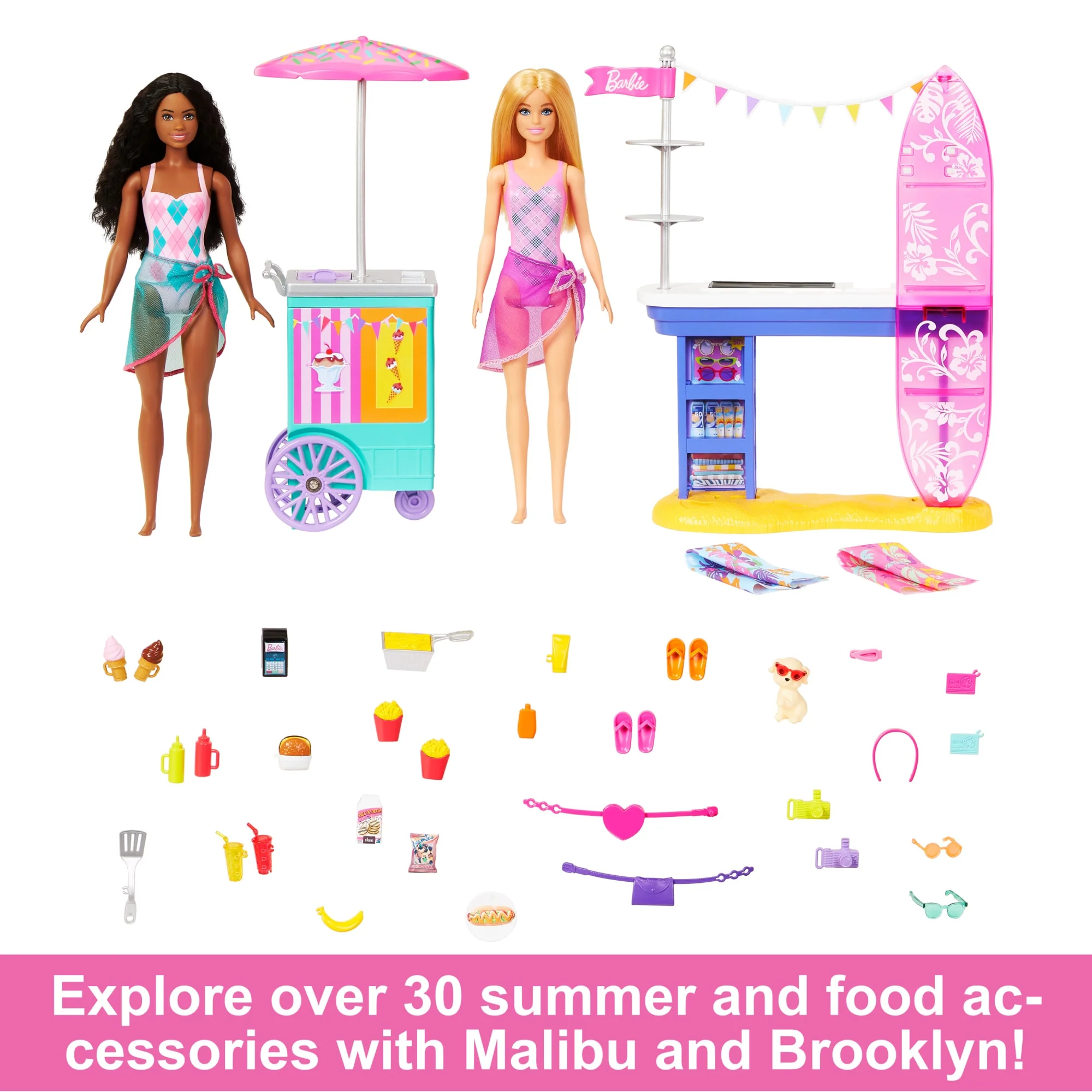 Barbie Beach Boardwalk Playset With Barbie “Brooklyn” & “Malibu” Dolls, 2 Stands & 30+ Accessories - Image 3
