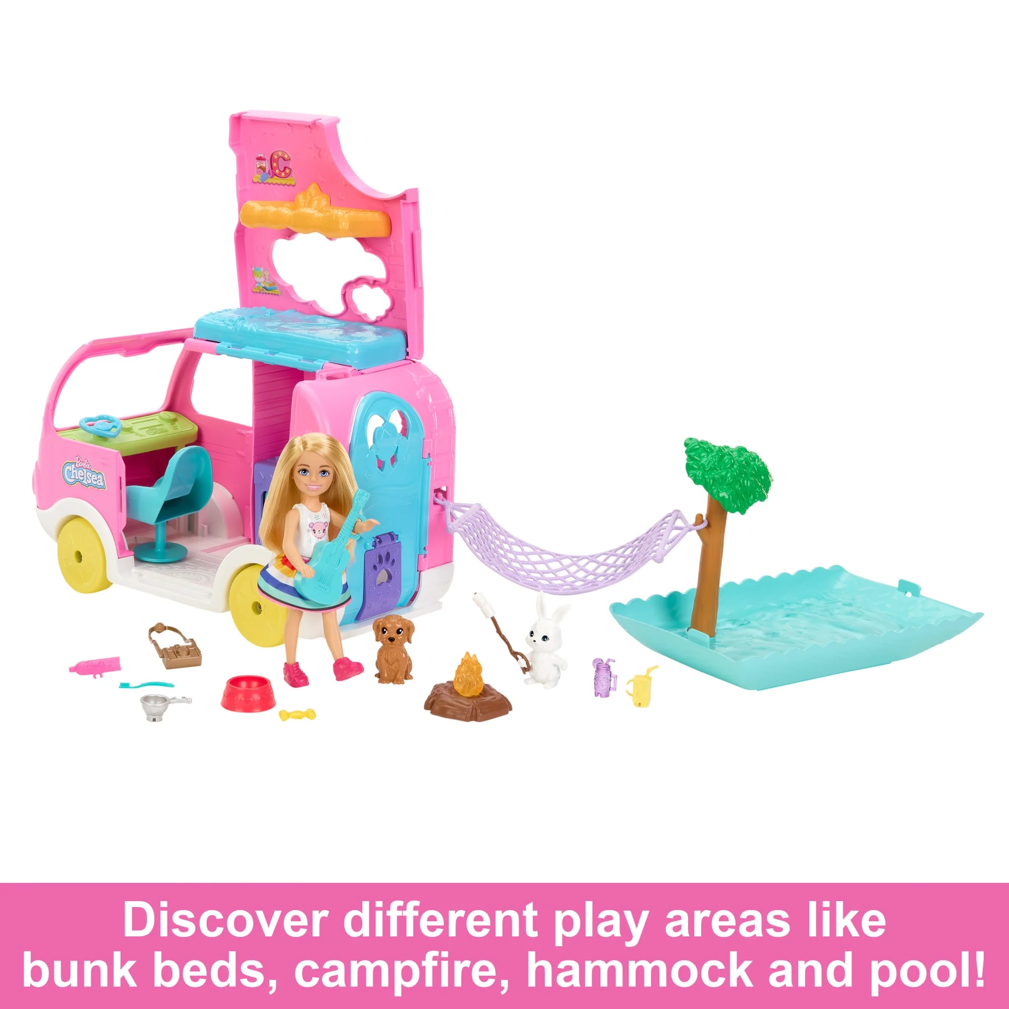 Barbie Chelsea 2-in-1 Camper Playset With Chelsea Small Doll, 2 Pets & 15 Accessories - Image 4