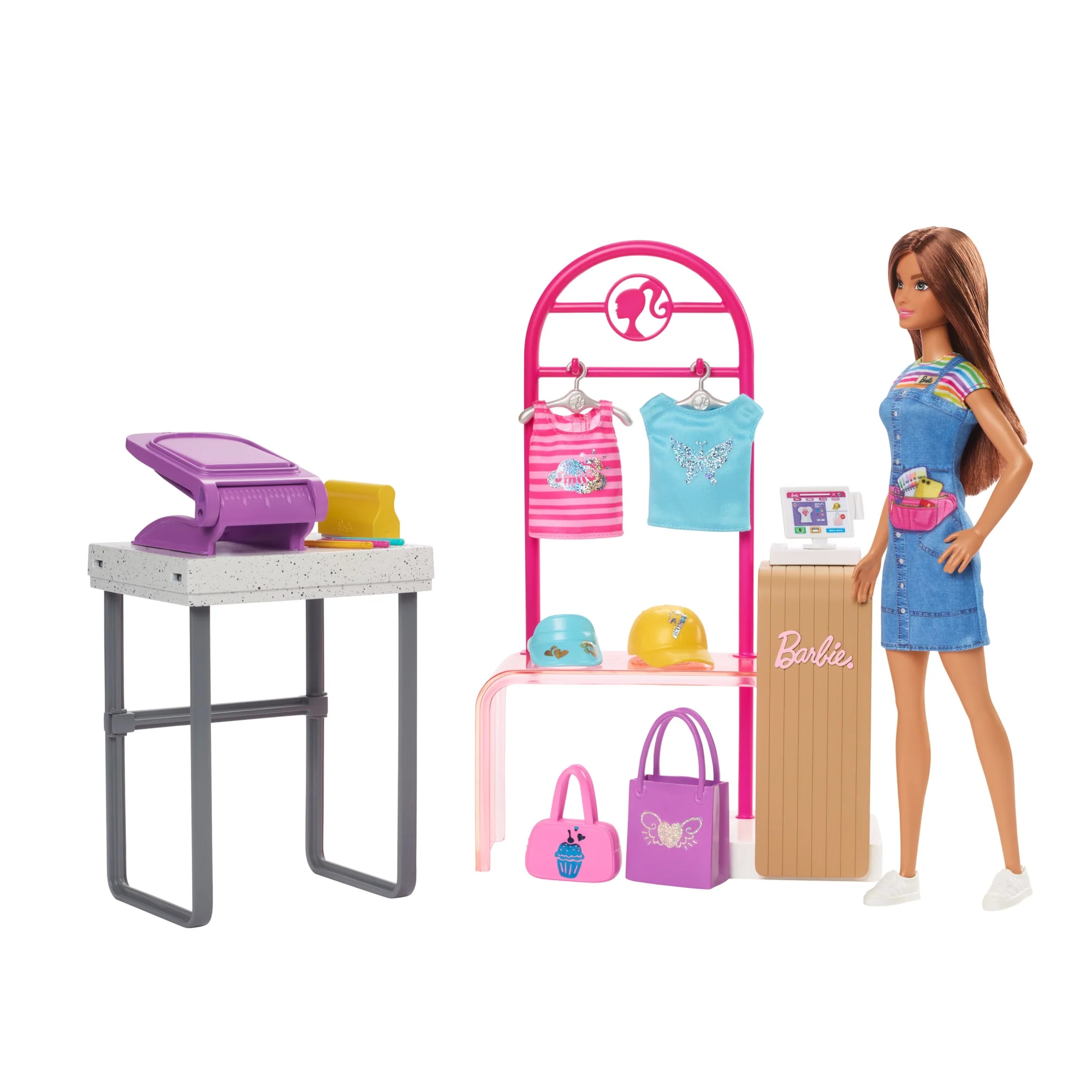Barbie Coffret de Jeu Boutique Créations, Poupée Brunette, Access.
