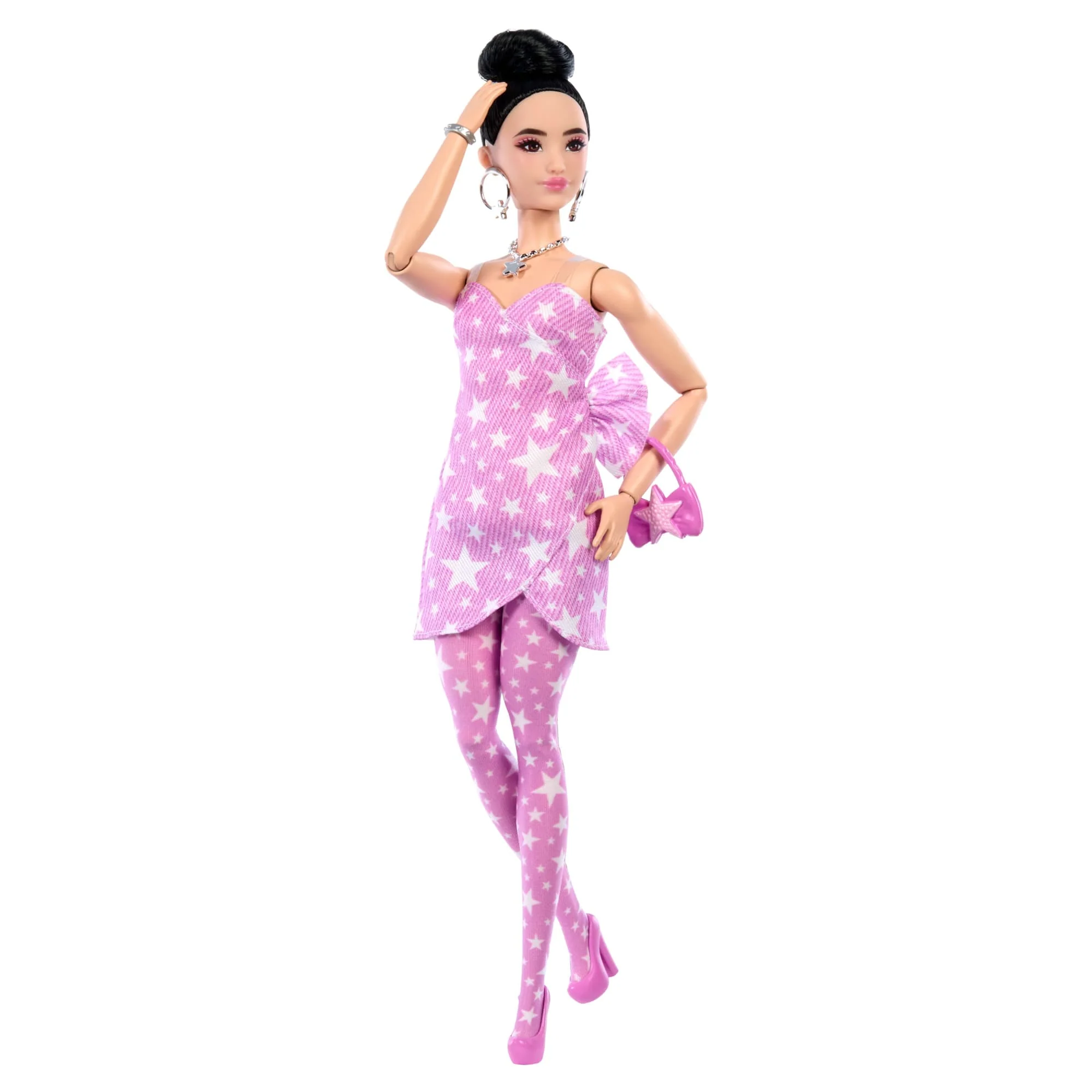 Barbie Deluxe Style Fashion Doll #11 in Pink Denim Star-Print Dress, Black Hair in Bun - Image 5
