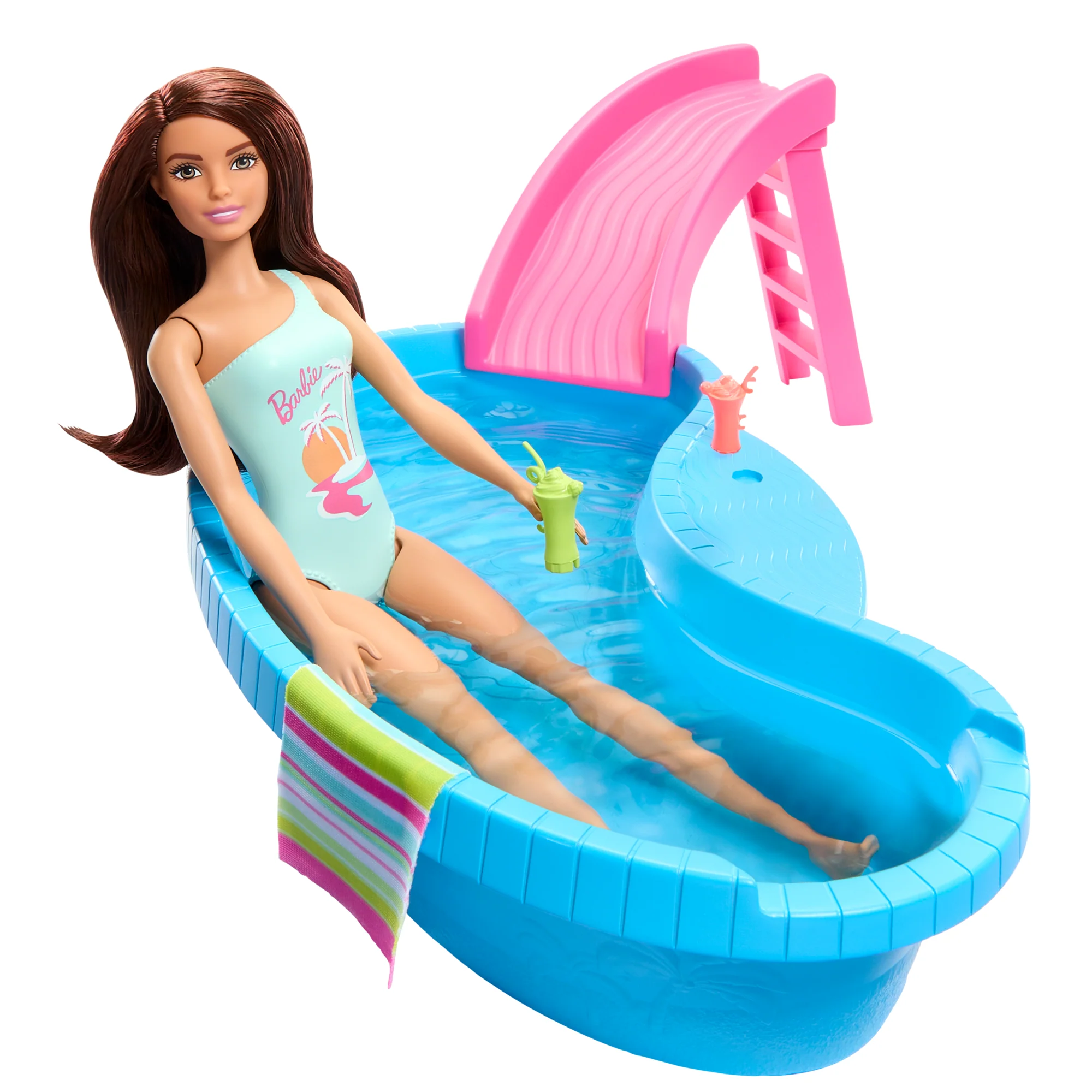 Barbie Doll And Pool Playset, Brunette With Pool, Slide, Towel And Drink Accessories - Image 2