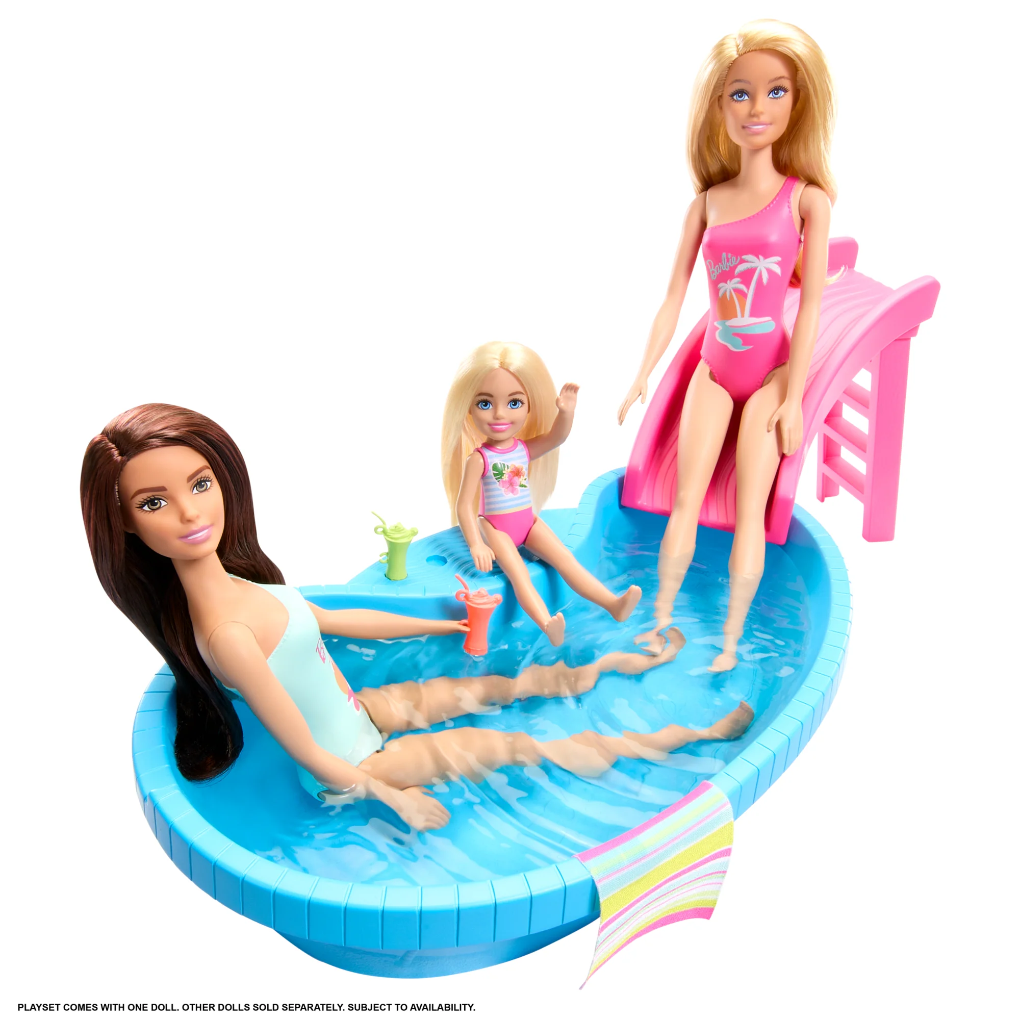 Barbie Doll And Pool Playset, Brunette With Pool, Slide, Towel And Drink Accessories - Image 4