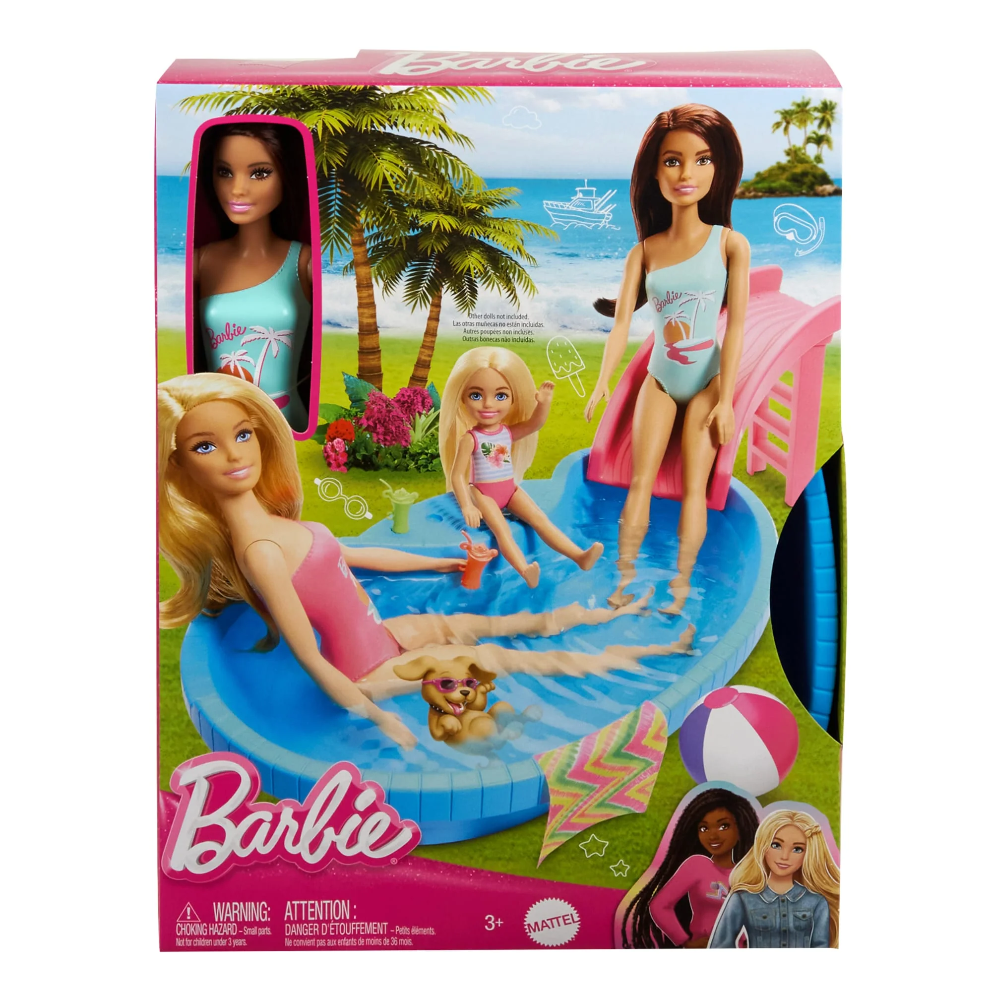 Barbie Doll And Pool Playset, Brunette With Pool, Slide, Towel And Drink Accessories - Image 5