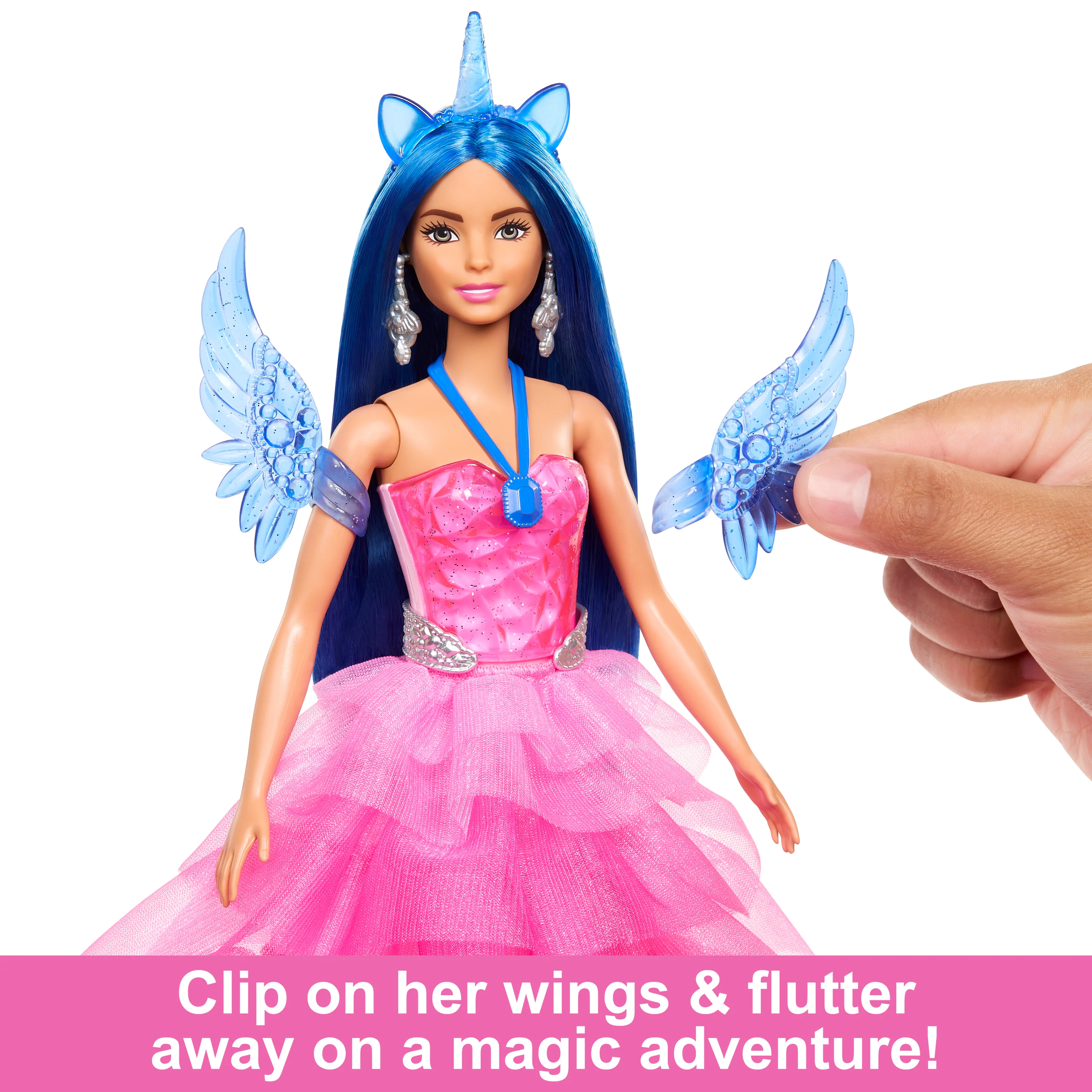 Barbie Unicorn Toy, 65th Anniversary Doll With Blue Hair, Pink Gown & Pet Alicorn - Image 2