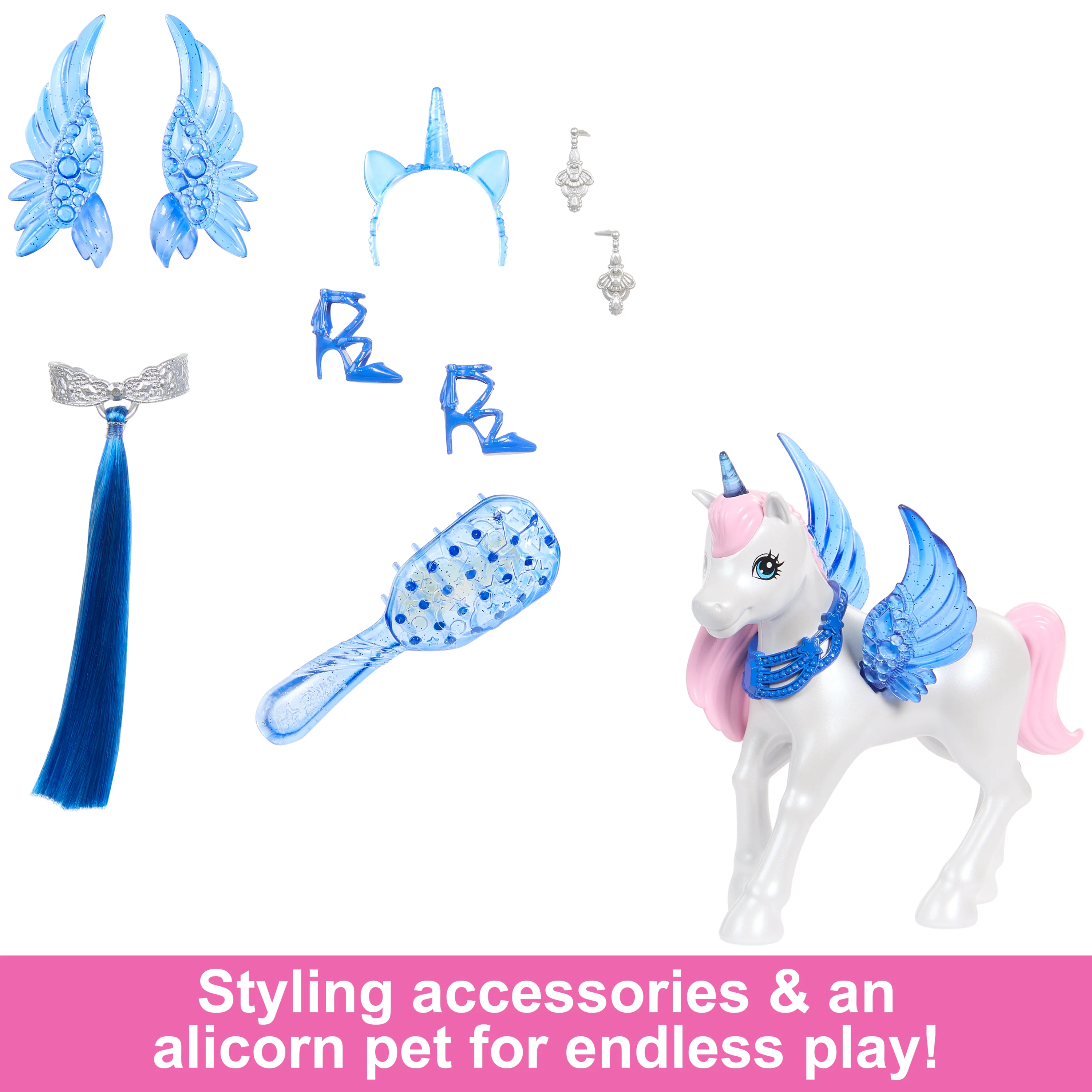 Barbie Unicorn Toy, 65th Anniversary Doll With Blue Hair, Pink Gown & Pet Alicorn - Image 3
