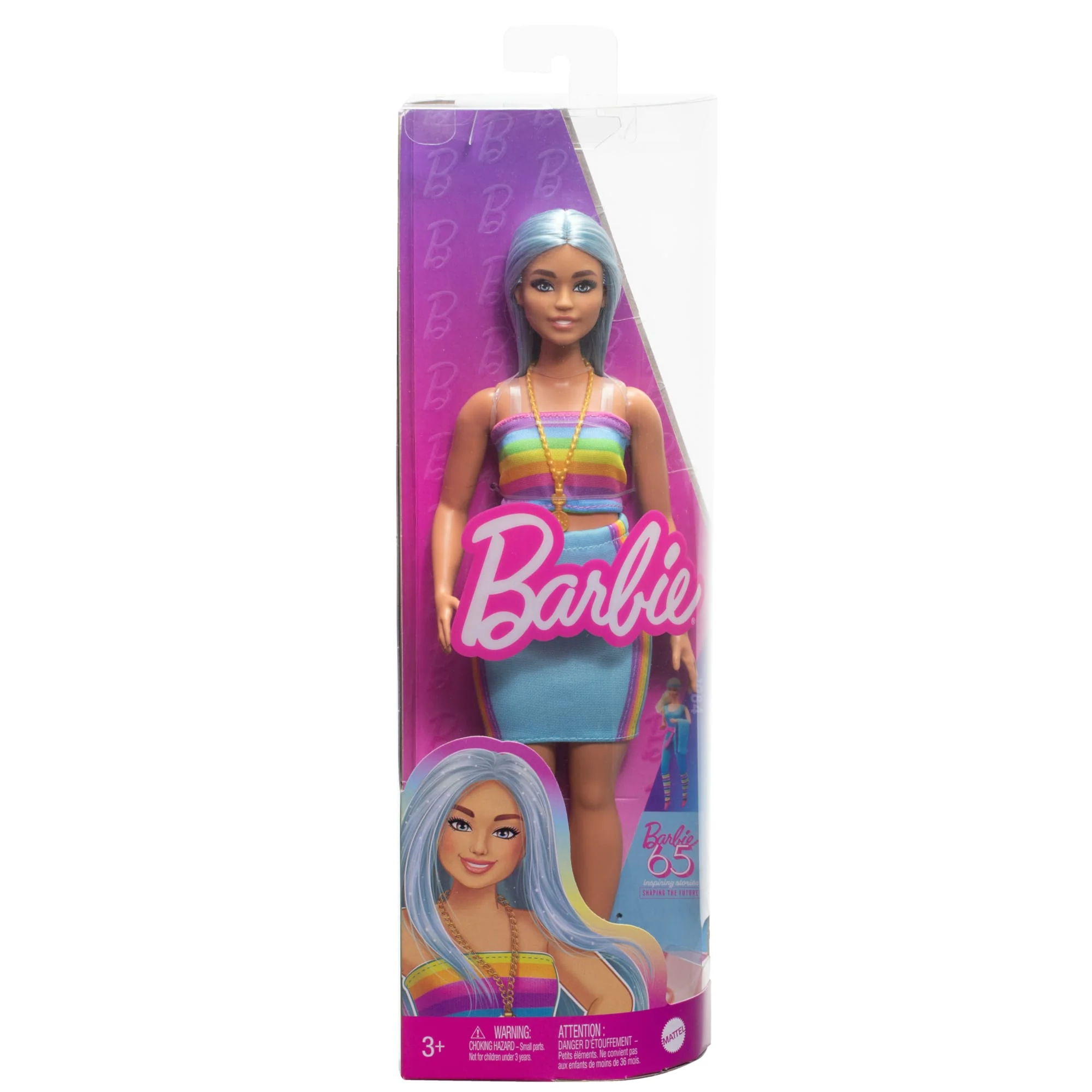 Barbie Fashionistas Doll #218 With Blue Hair, Rainbow Top & Teal Skirt, 65Th Anniversary - Image 6