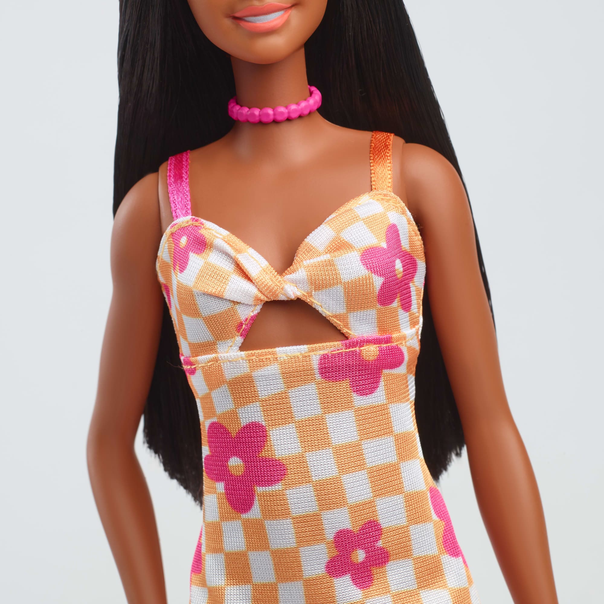 Barbie Fashionistas Doll #233 in Checkered Flower Midi Dress, Black Hair - Image 4