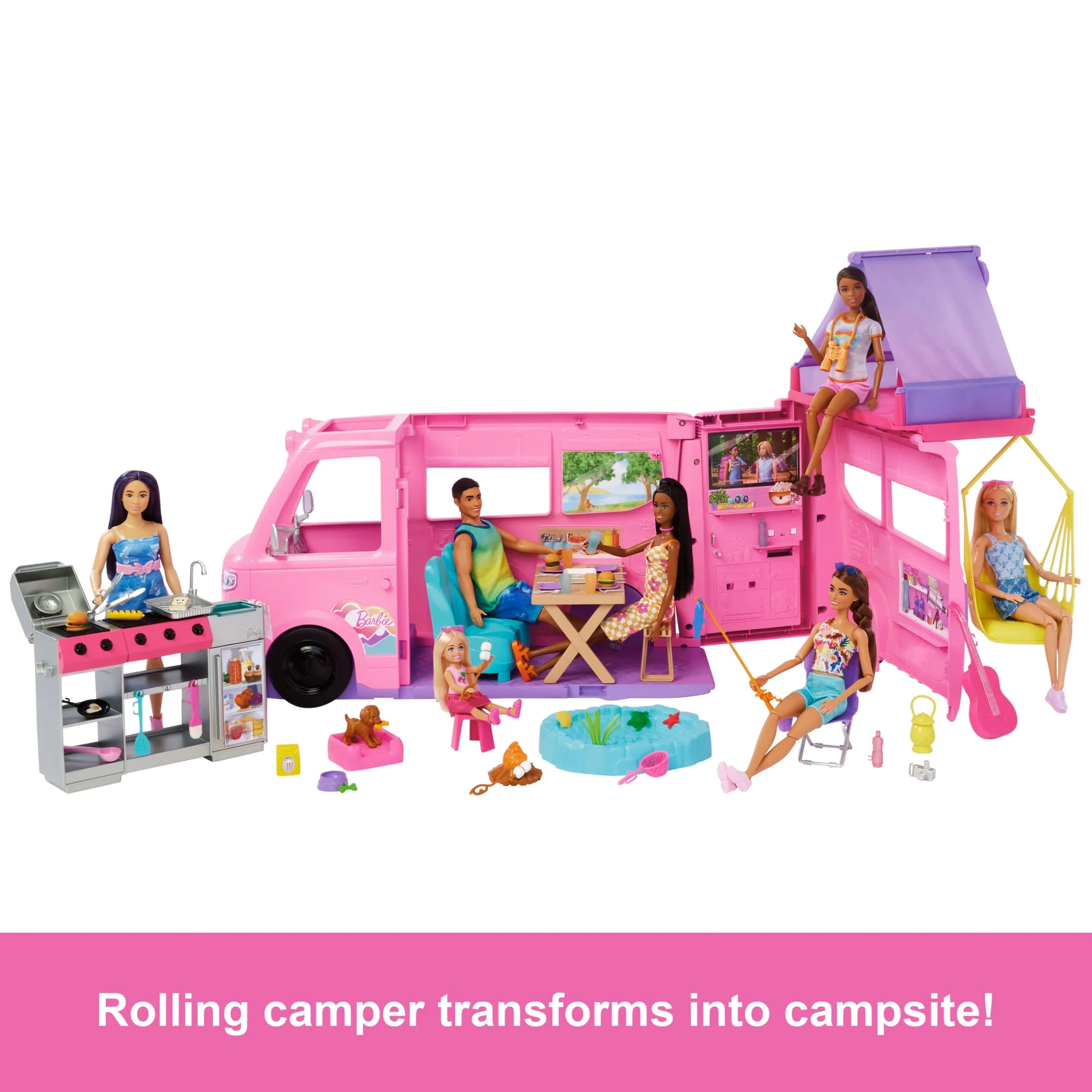 Barbie Dream Camper Playset With Roof Tent, BBQ Grill With Color-Change Feature & 60+ Accessories - Image 3