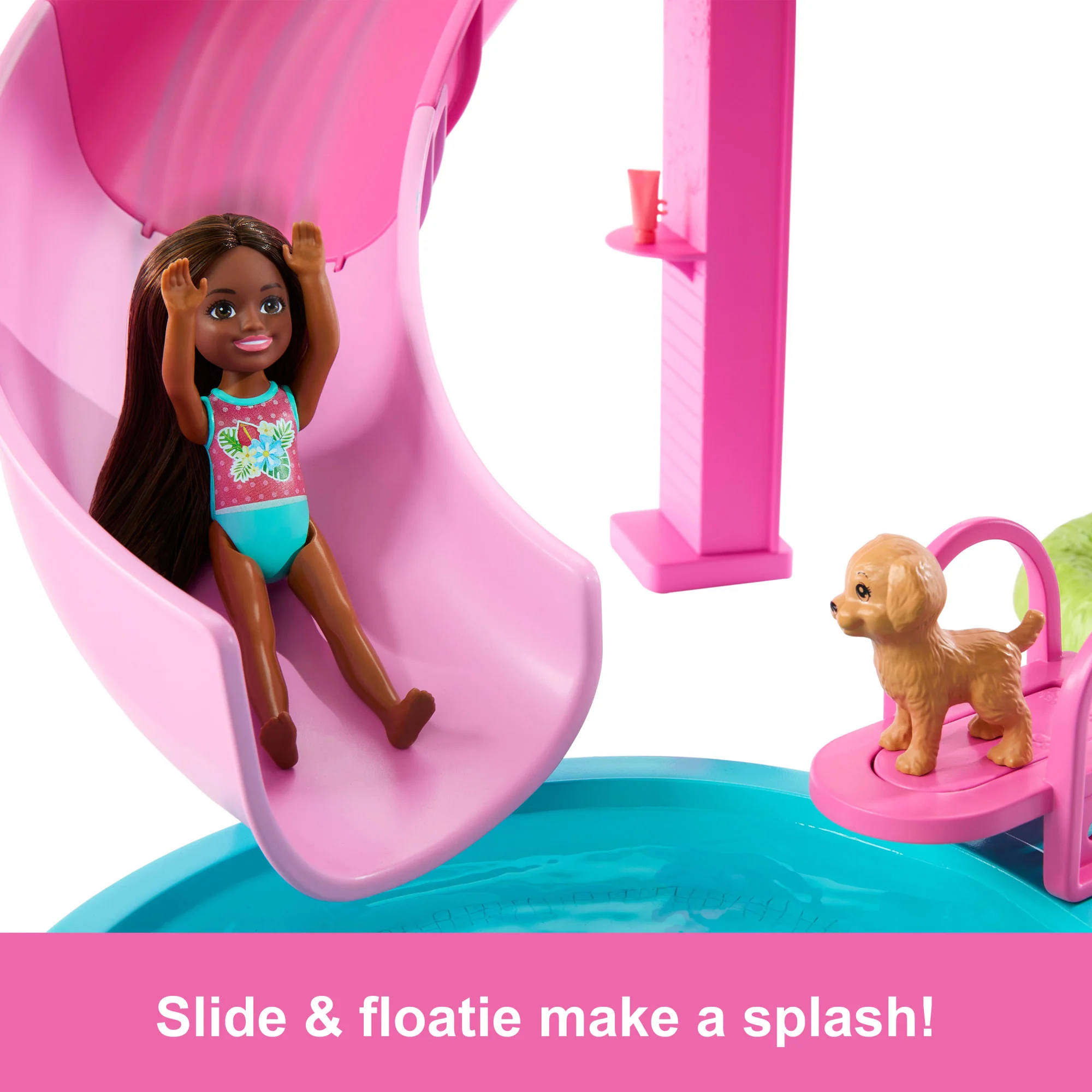 Barbie Dream Pool Playset With Slide & Bubbling Hot Tub, 20+ Accessories Including Pet, Floaties & More - Image 4