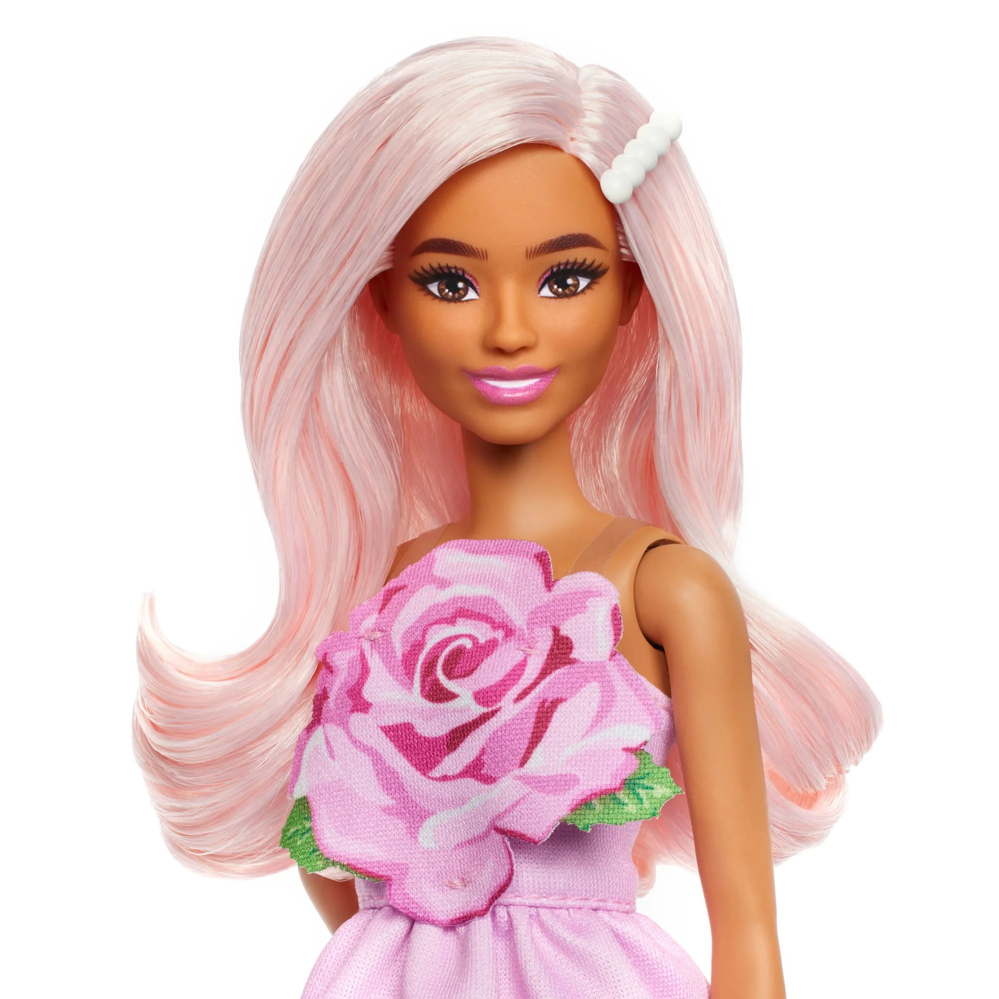 Barbie Fashionistas Doll #238 in Strapless Rose Dress, Pink Hair With Barrette Accessory - Image 3
