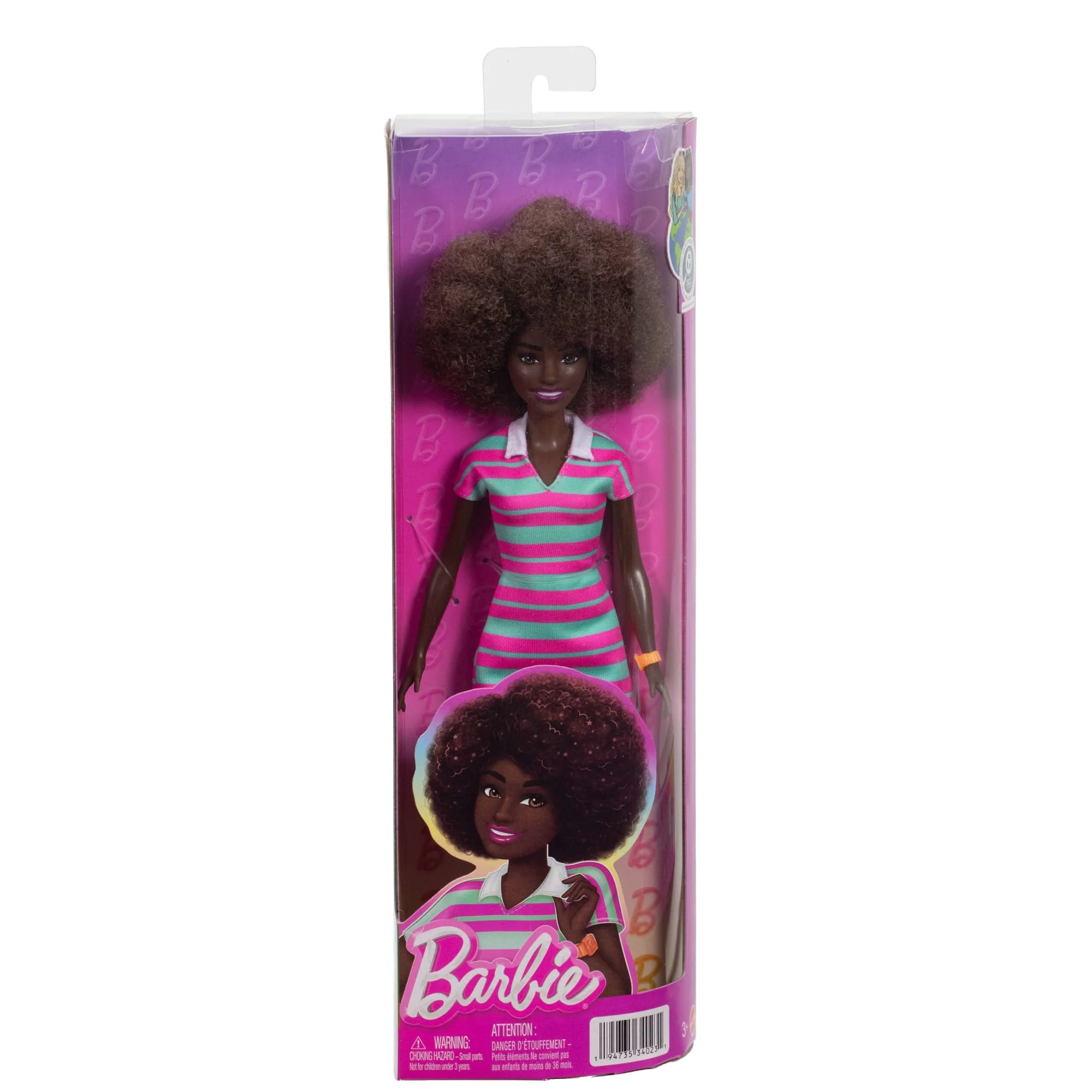 Barbie Fashionistas Doll #247 With Pink And Green Striped Dress, Curly Black Hair - Image 6