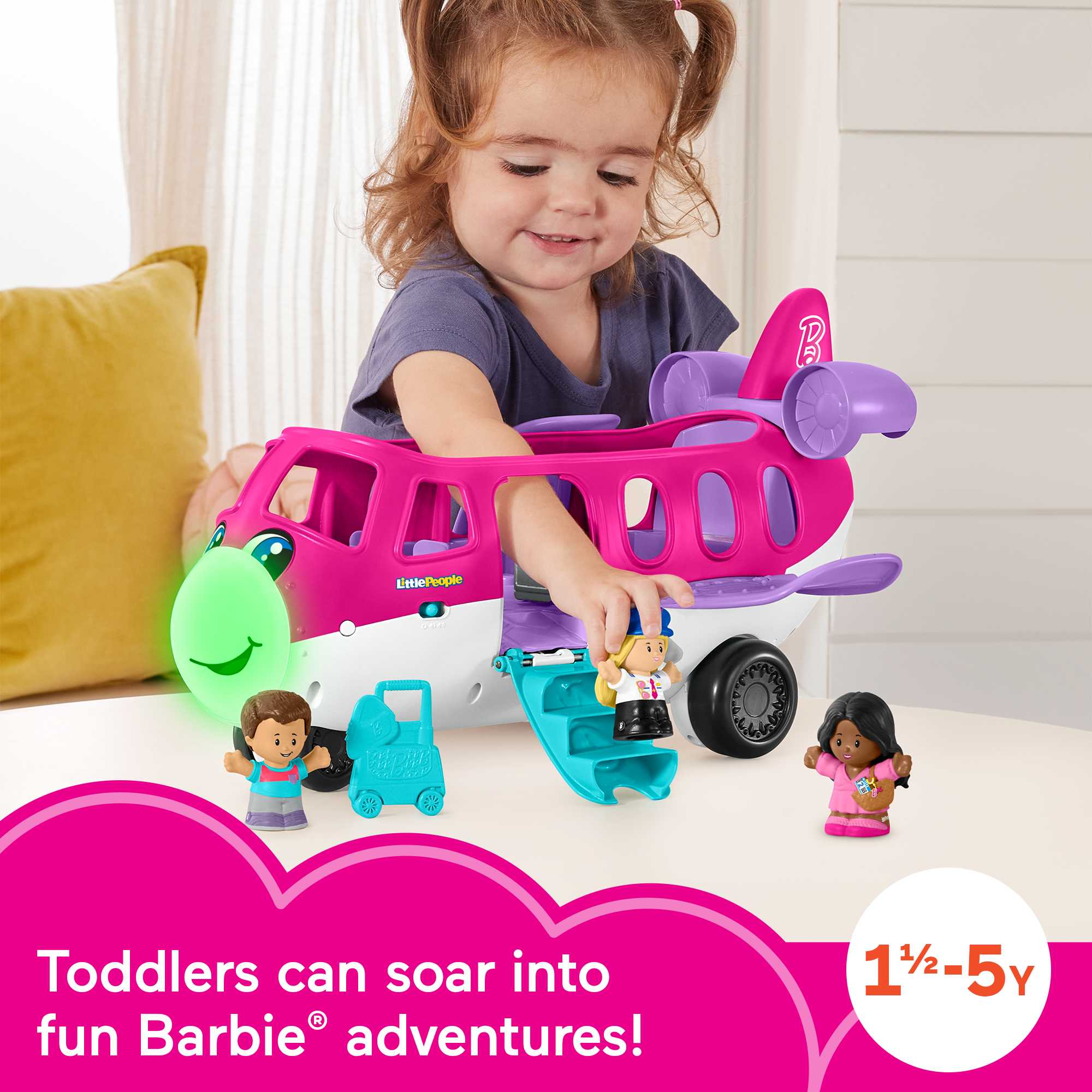 Little People Barbie Toy AIrplane With Lights Music And 3 Figures, Little Dream Plane, Toddler Toys, Multi-Language Version - Image 2