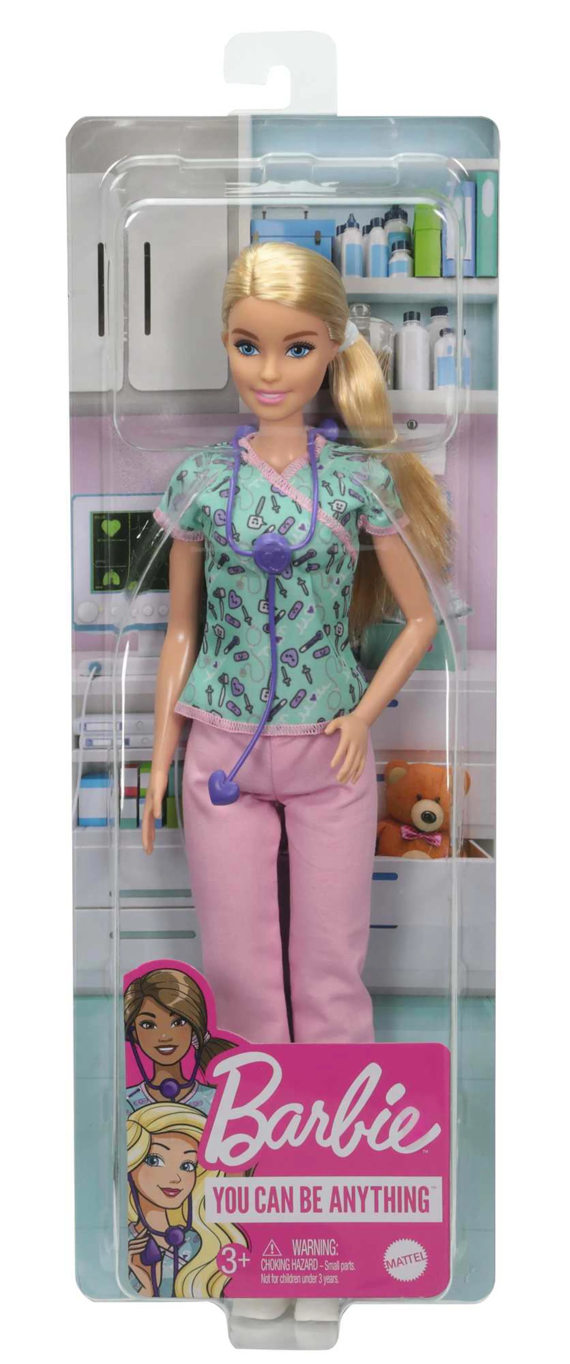 Barbie Nurse Fashion Doll Dressed in Medical Scrubs, White Shoes & Stethoscope Accessory - Image 5