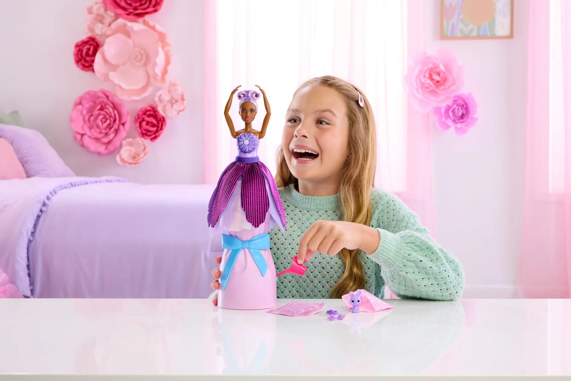 Barbie Petal Pop Scented Fashion Doll With Purple Dress, Reveal Accessories Like Bunny & More - Image 2