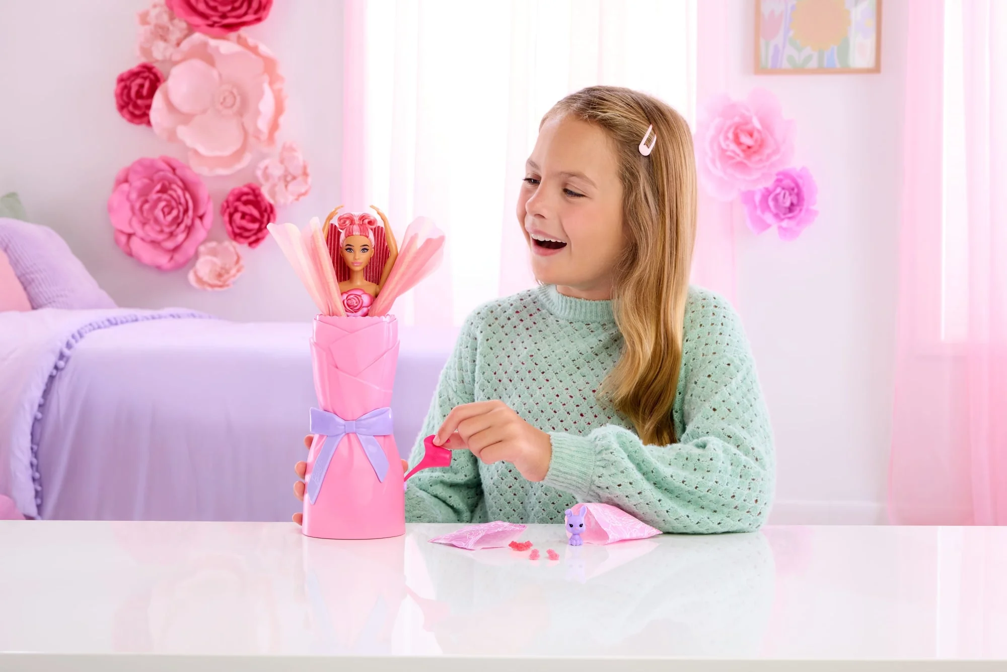 Barbie Petal Pop Scented Fashion Doll With Rose Dress, Reveal Accessories Like Bunny & More - Image 2