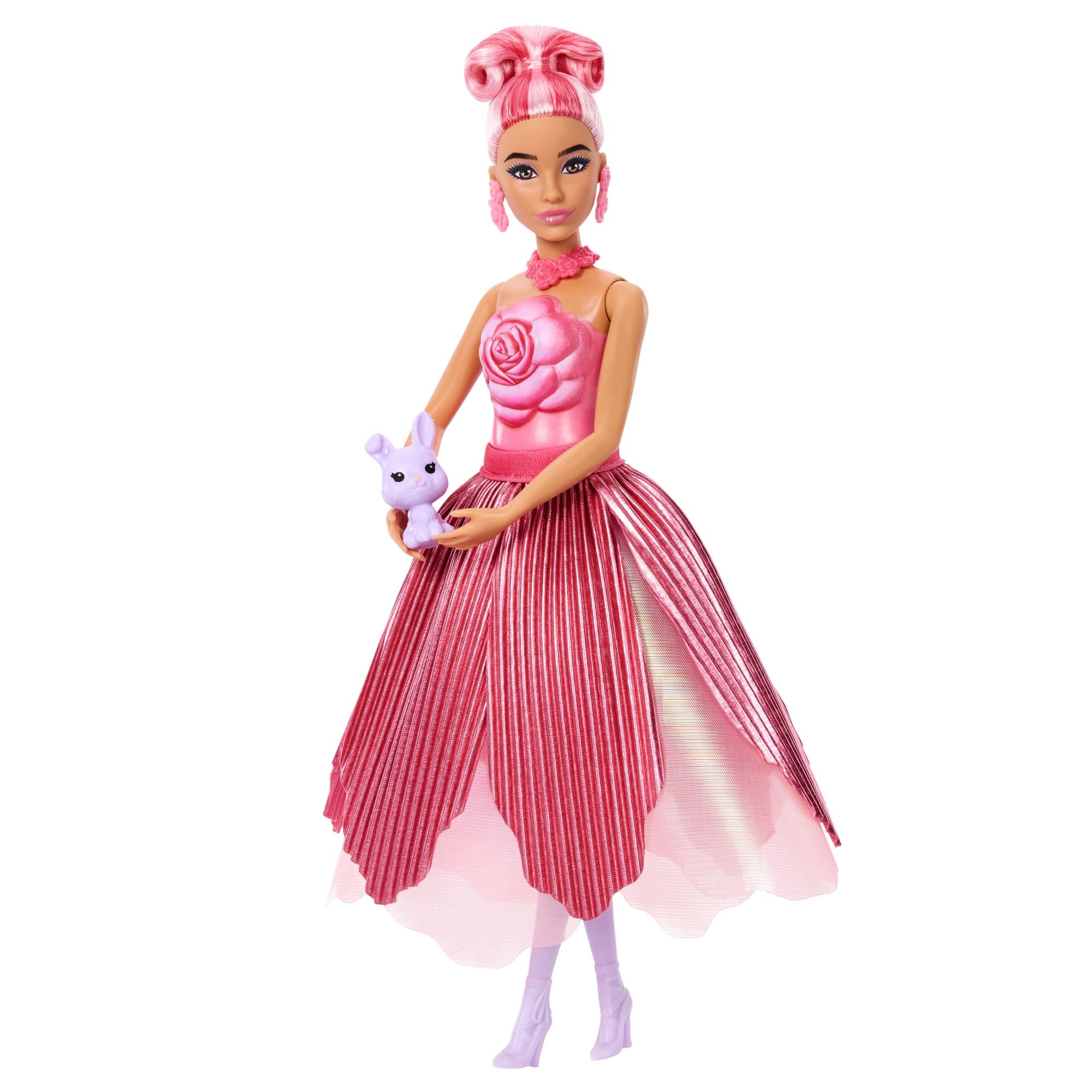 Barbie Petal Pop Scented Fashion Doll With Rose Dress, Reveal Accessories Like Bunny & More - Image 5
