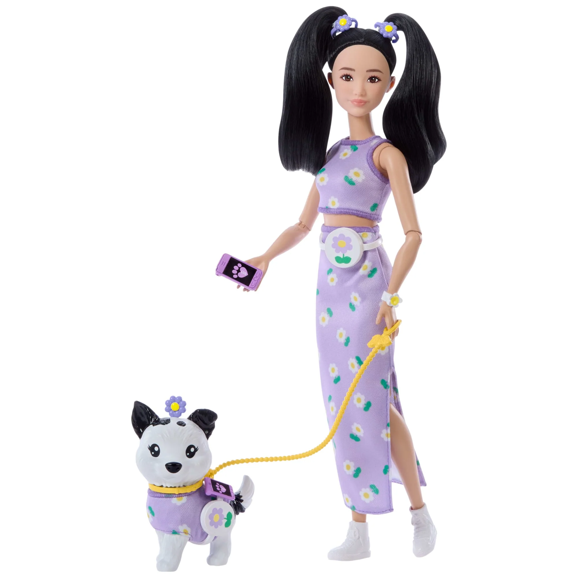 Barbie Twinning Looks Fashion Doll With Pet Dog, Matching Purple Clothes & Accessories, Black Hair
