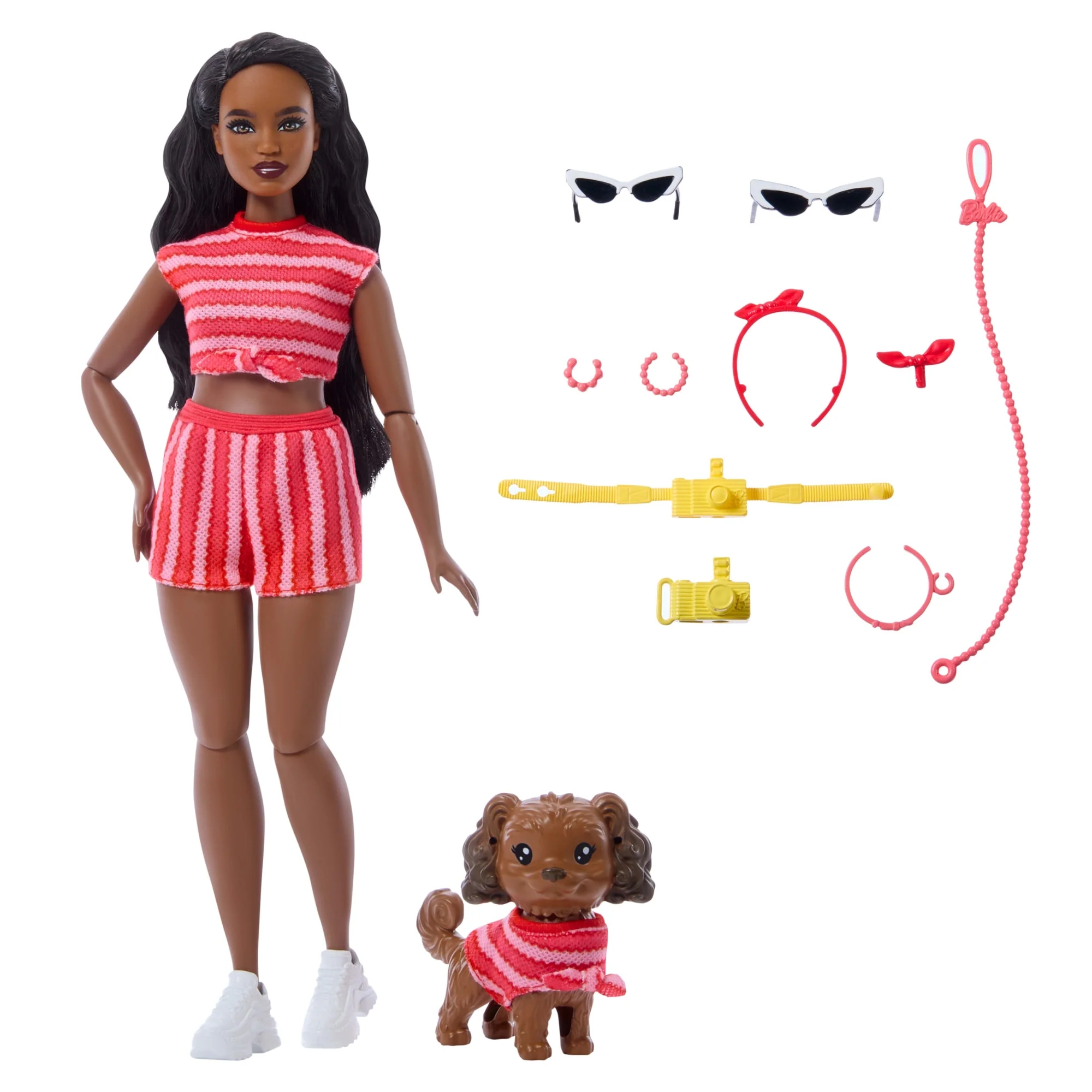 Barbie Twinning Looks Fashion Doll With Pet Dog, Matching Red Clothes & Accessories, Black Hair - Image 6