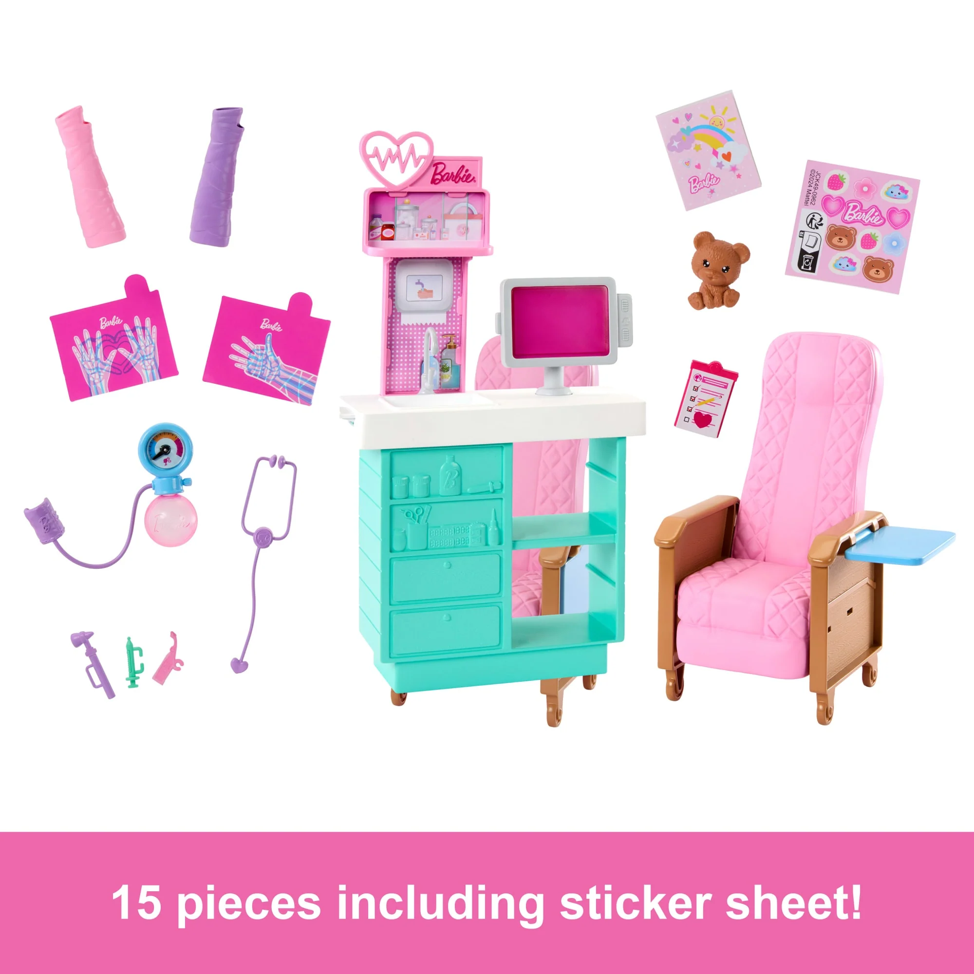 Barbie World Day At The Doctor Toy Playset With Medical Station, Chair & 12 Accessories - Image 3
