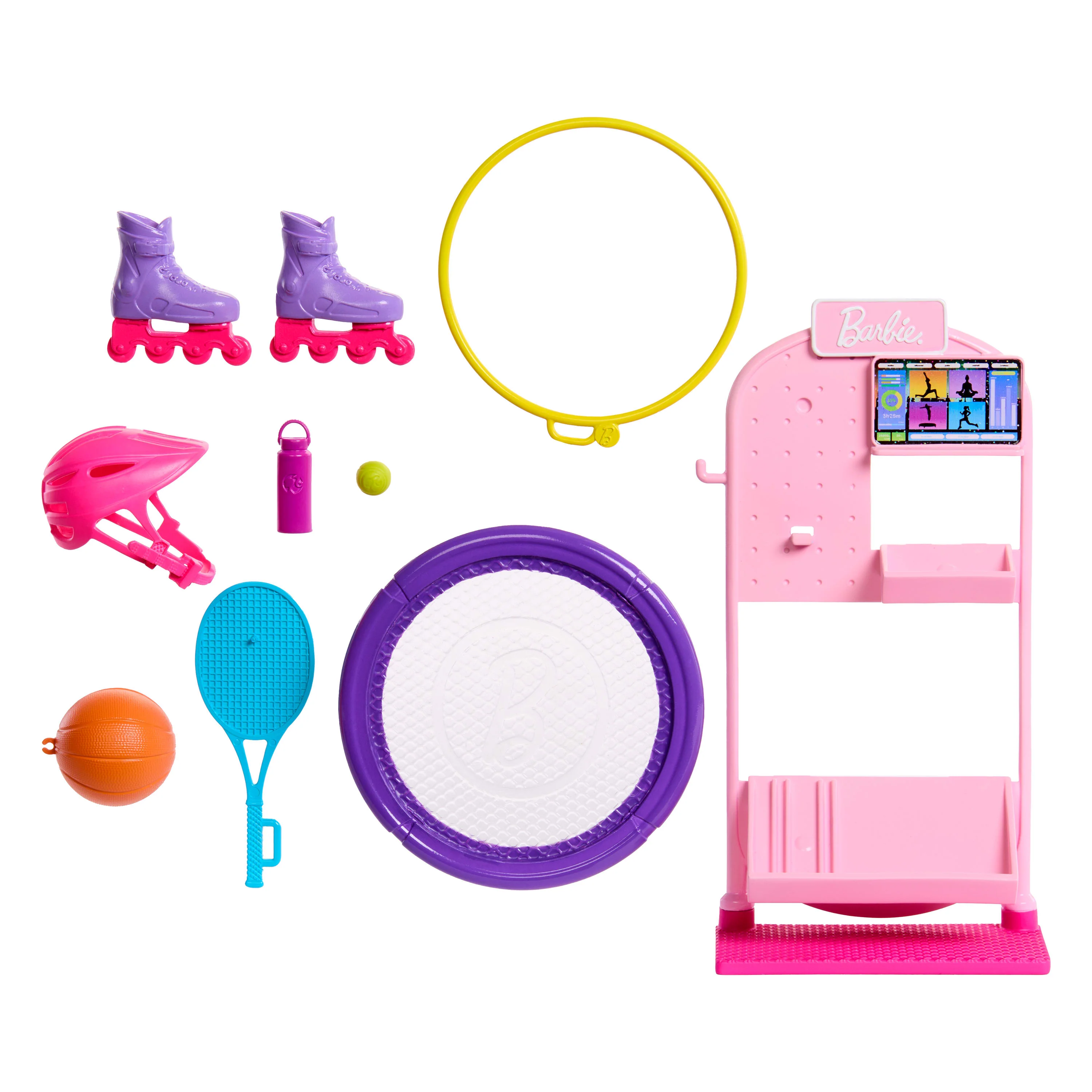 Barbie World Sport Rack Toy Playset With 9 Doll Accessories Including Trampoline, Tennis Racket, & Skates - Image 5