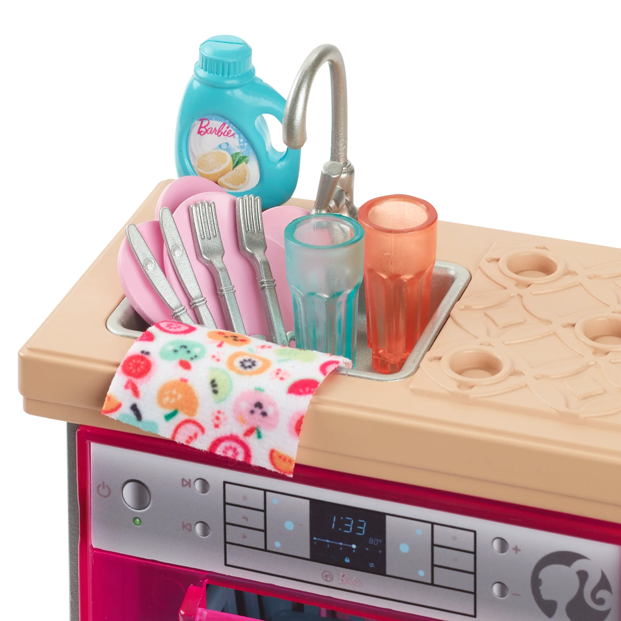 Barbie World Toy Dishwasher Set With 9 Dollhouse Kitchen Accessories Including Plates, Drying Rack, & More - Image 2