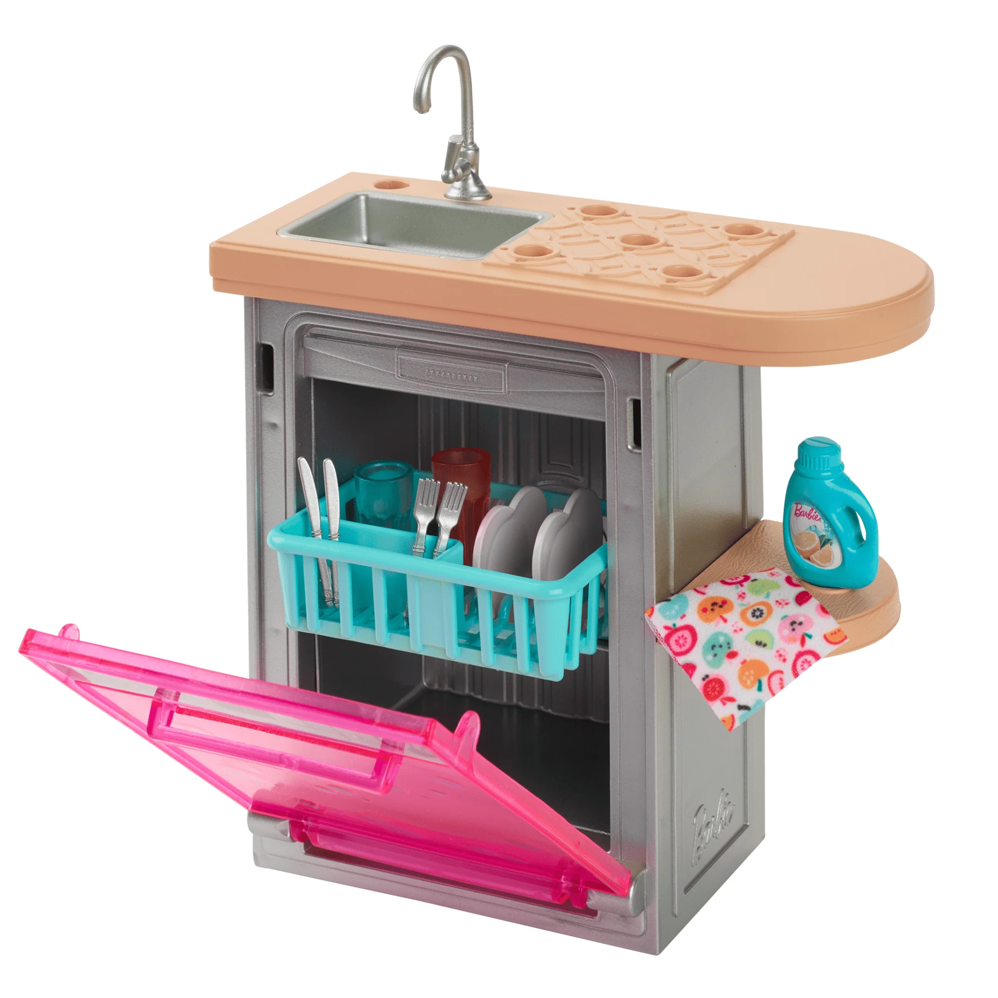 Barbie World Toy Dishwasher Set With 9 Dollhouse Kitchen Accessories Including Plates, Drying Rack, & More - Image 3