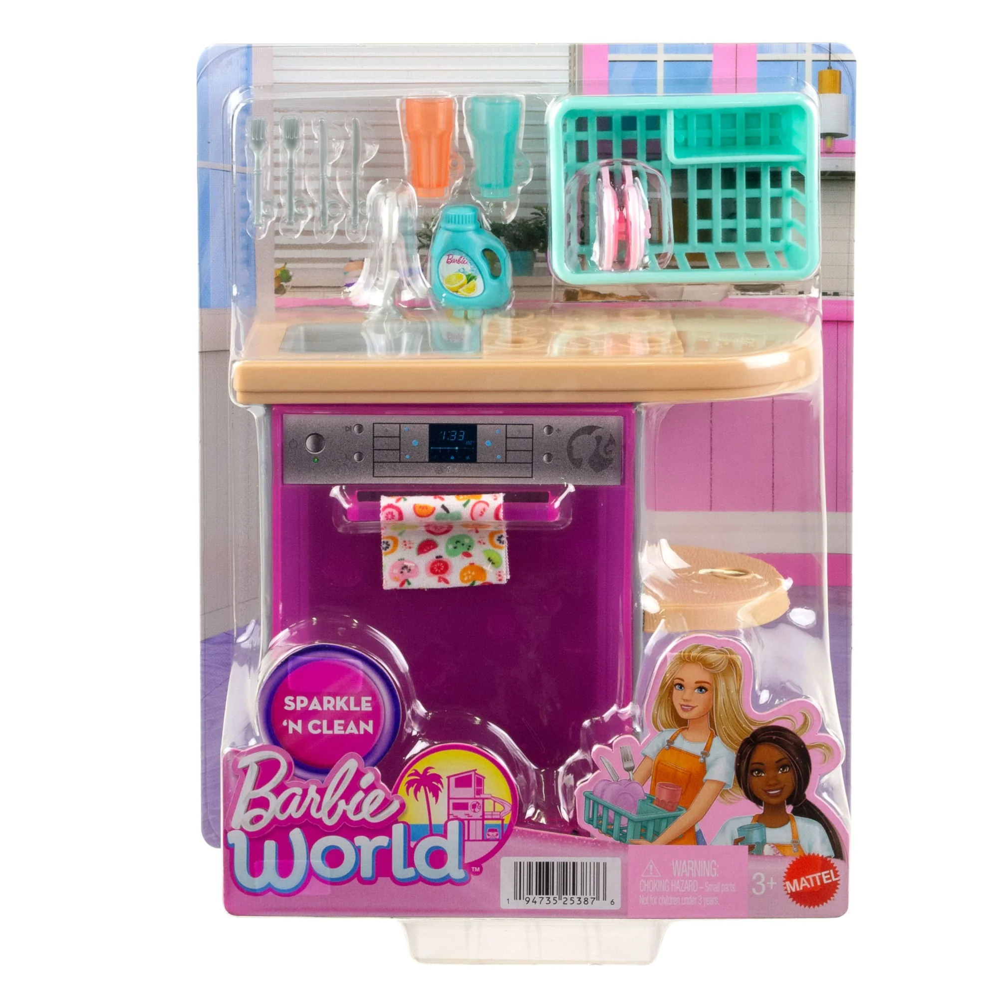 Barbie World Toy Dishwasher Set With 9 Dollhouse Kitchen Accessories Including Plates, Drying Rack, & More - Image 5