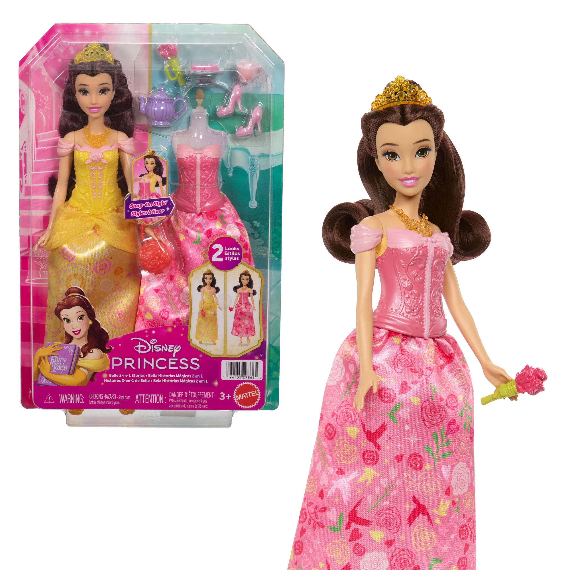 Disney Princess 2-In-1 Stories Belle Fashion Doll With 2 Snap-On Bodices, 2 Skirts & 9 Accessories
