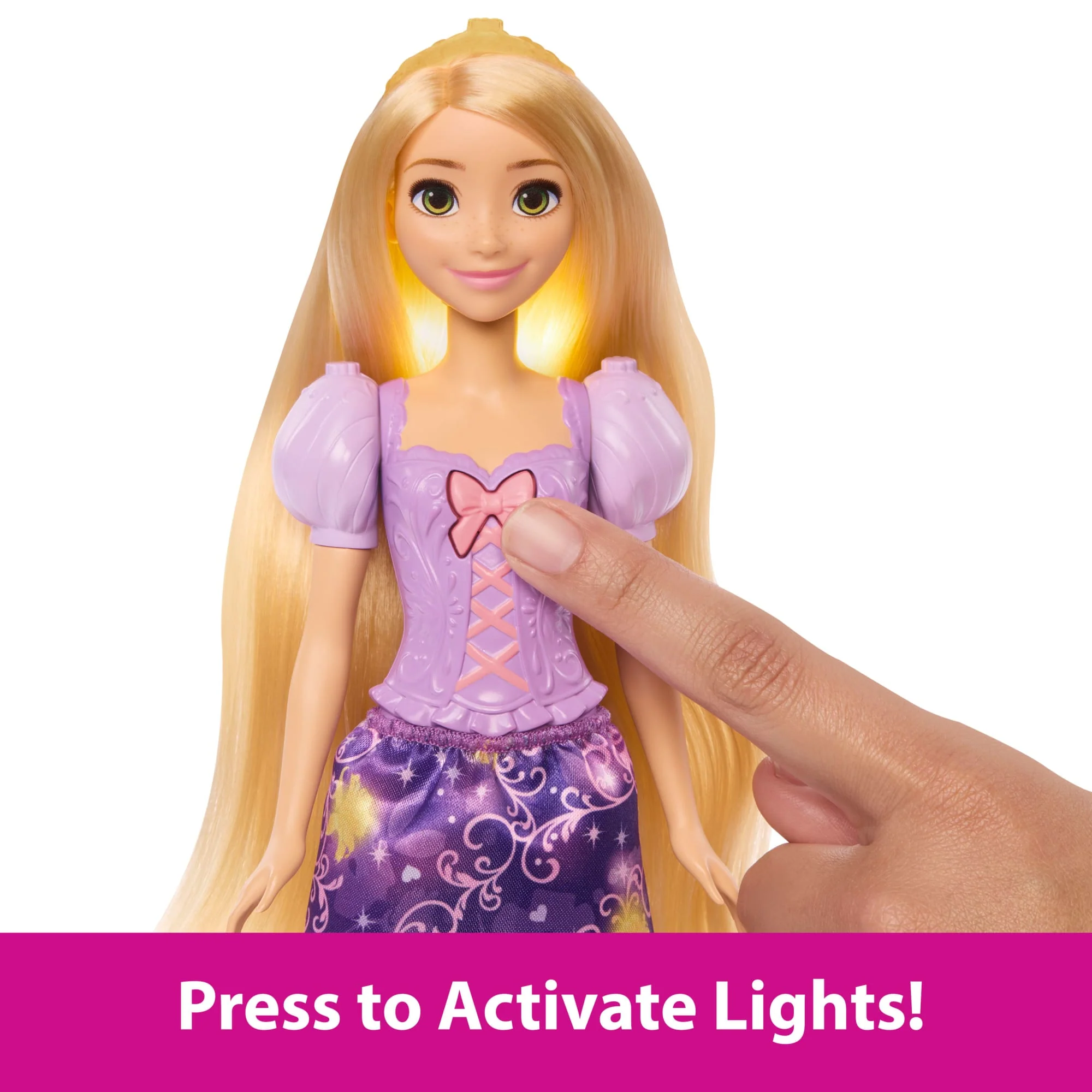 Disney Princess Light-Up Hair Rapunzel Fashion Doll W/ 5 Ways To Glow, Pascal Figure & 7 Accessories - Image 3