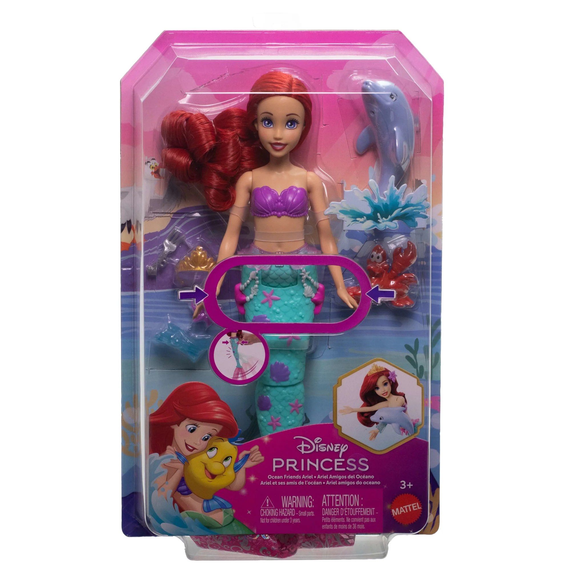 Disney Princess Ocean Friends Ariel Swimming Mermaid Doll With Squirt Toy, Figure & 4 Accessories - Image 6