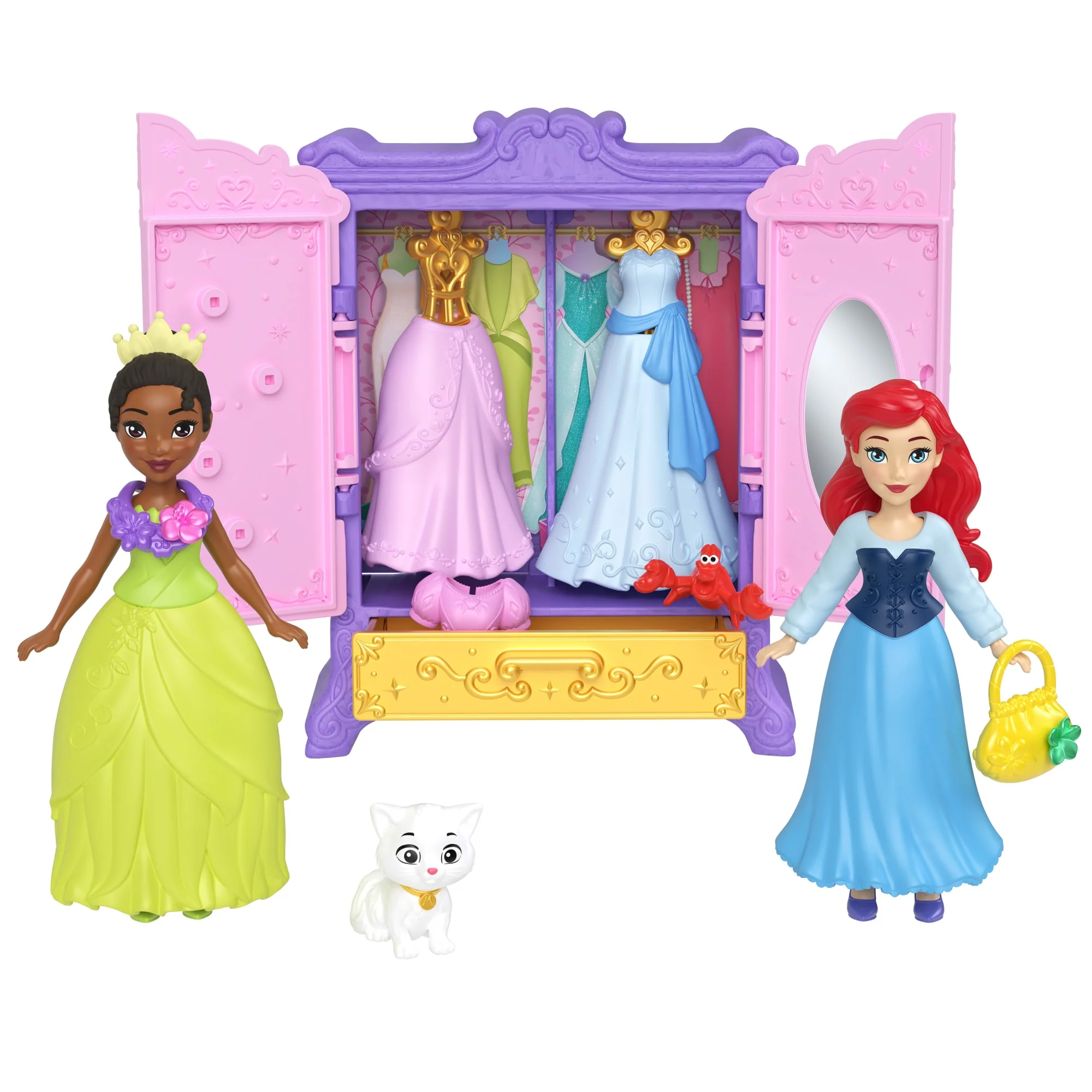 Disney Princess Royal Wardrobe Set With Ariel & Tiana Small Dolls, 4 Fashions, 2 Animals & 4 Accy