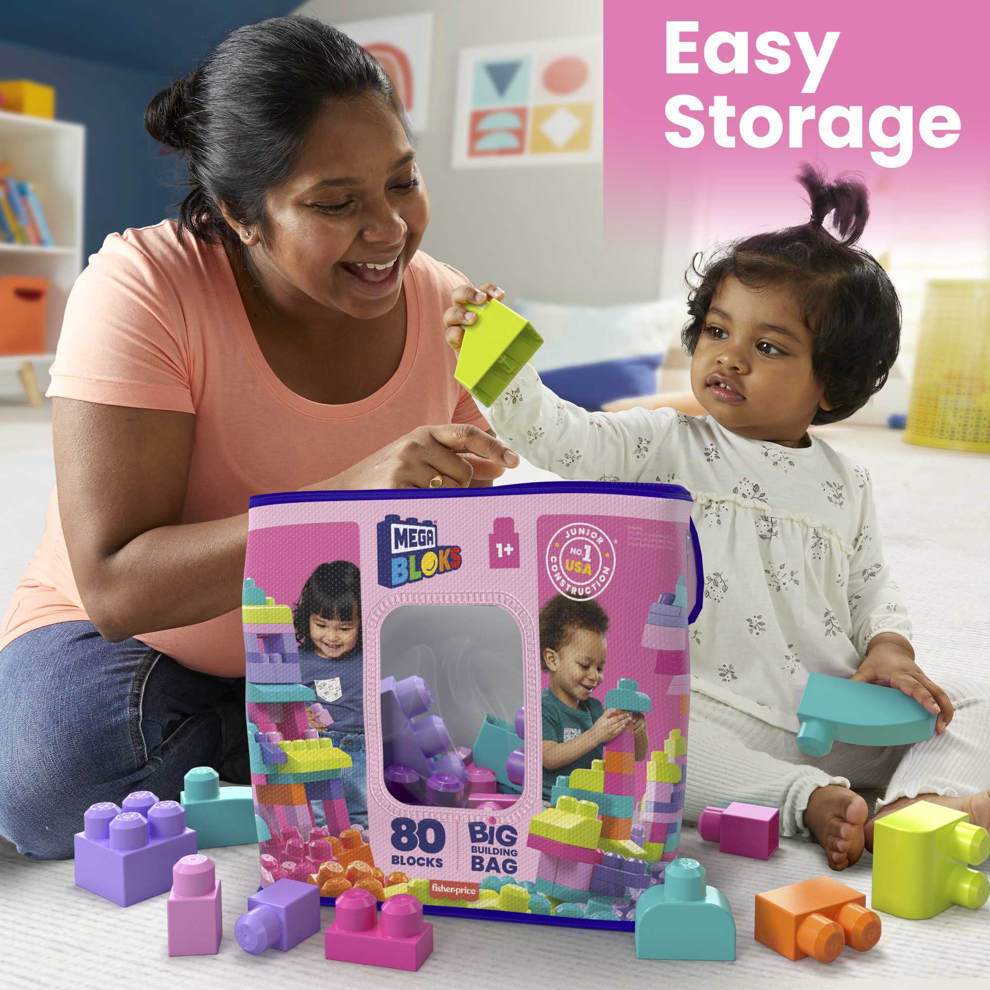 MEGA Bloks Fisher-Price Toy Blocks Pink Big Building Bag With Storage (80 Pieces) For Toddler - Image 6