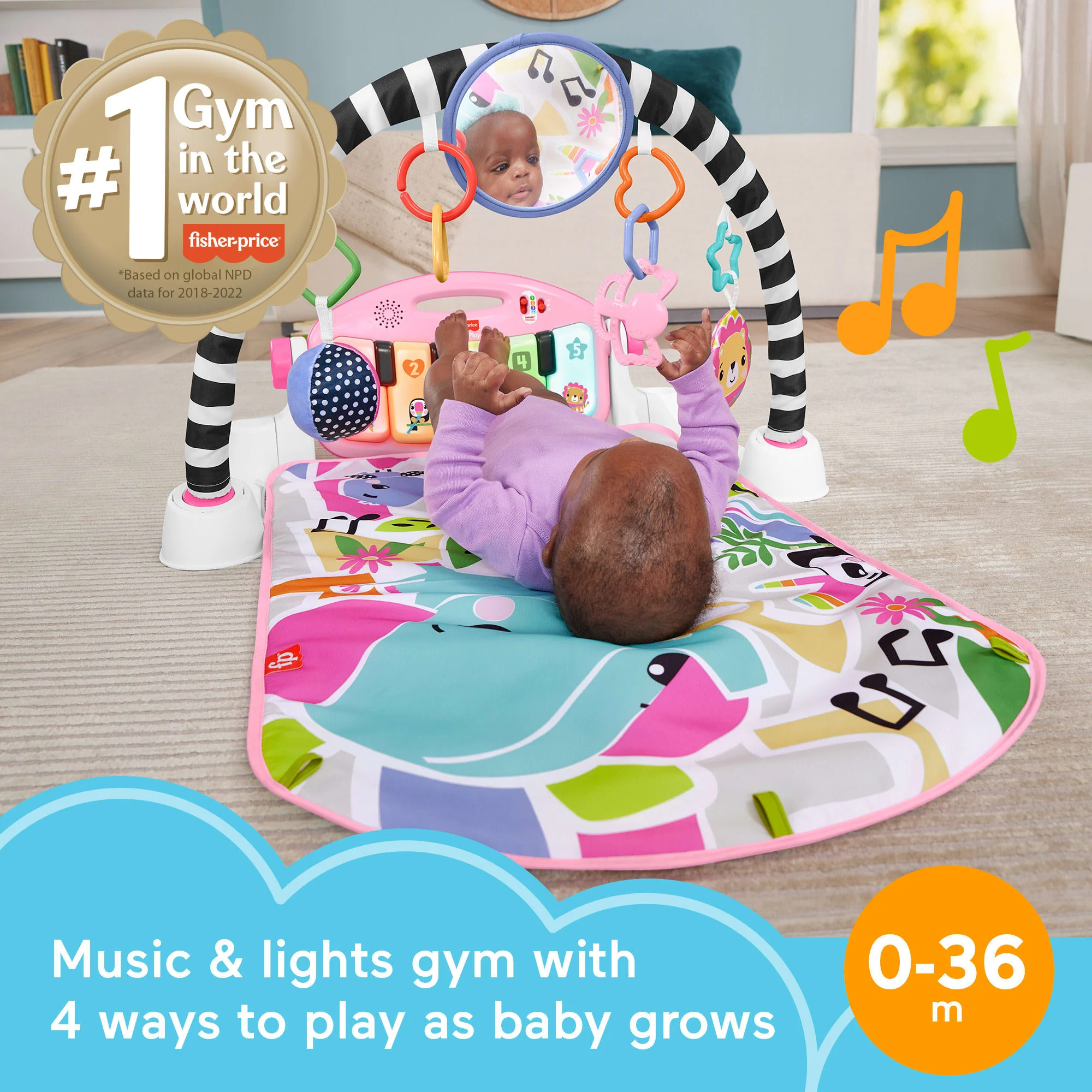 Fisher-Price Glow And Grow Kick & Play Piano Gym Baby Playmat With Musical Learning Toy, Pink - Image 2