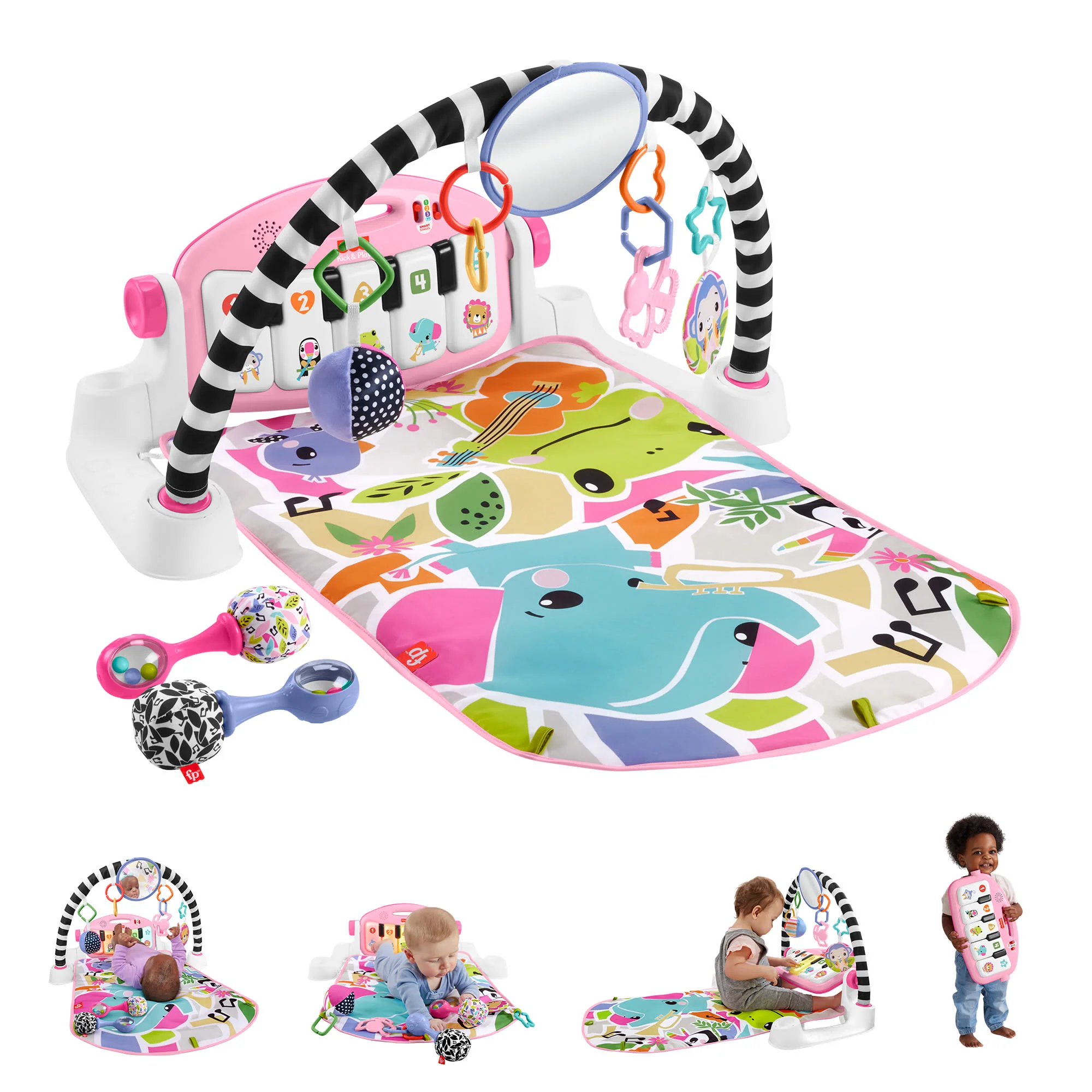 Fisher-Price Glow And Grow Kick & Play Piano Gym Baby Learning Toy With 2 Maracas, Pink