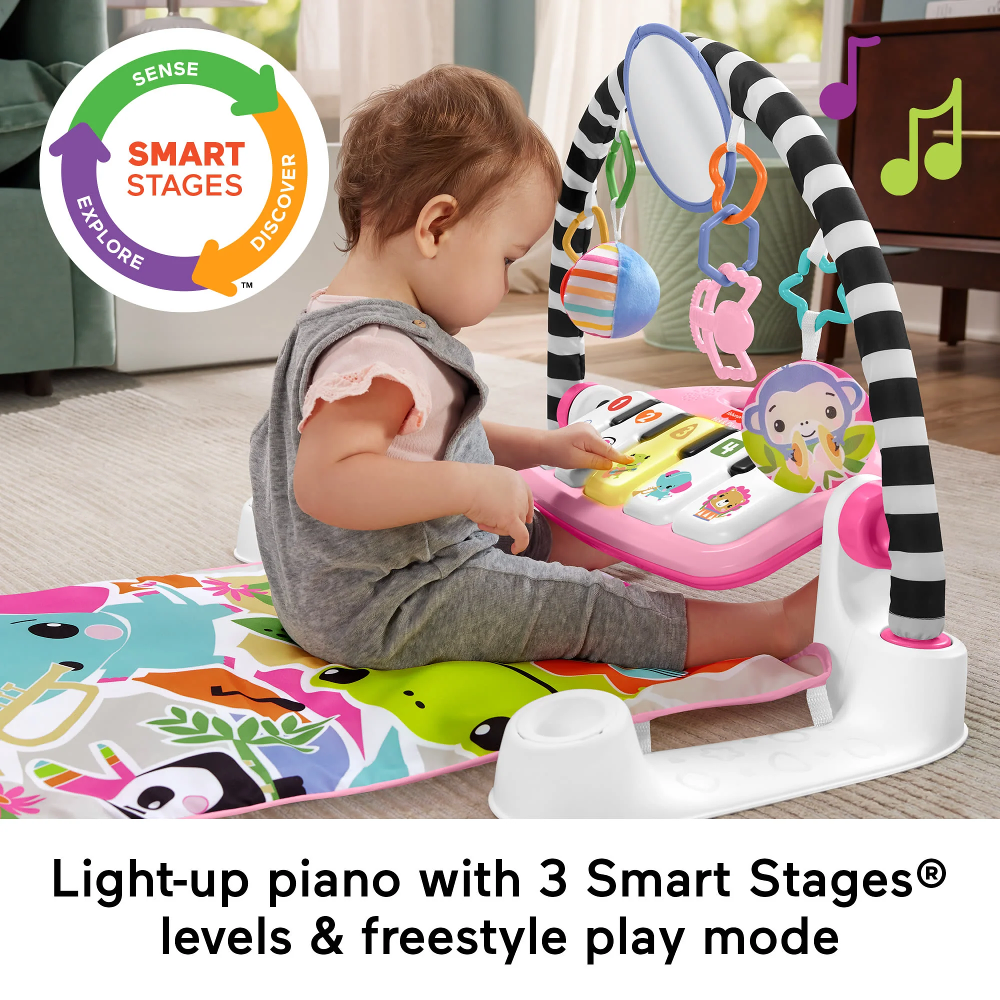 Fisher-Price Glow And Grow Kick & Play Piano Gym Baby Learning Toy With 2 Maracas, Pink - Image 4
