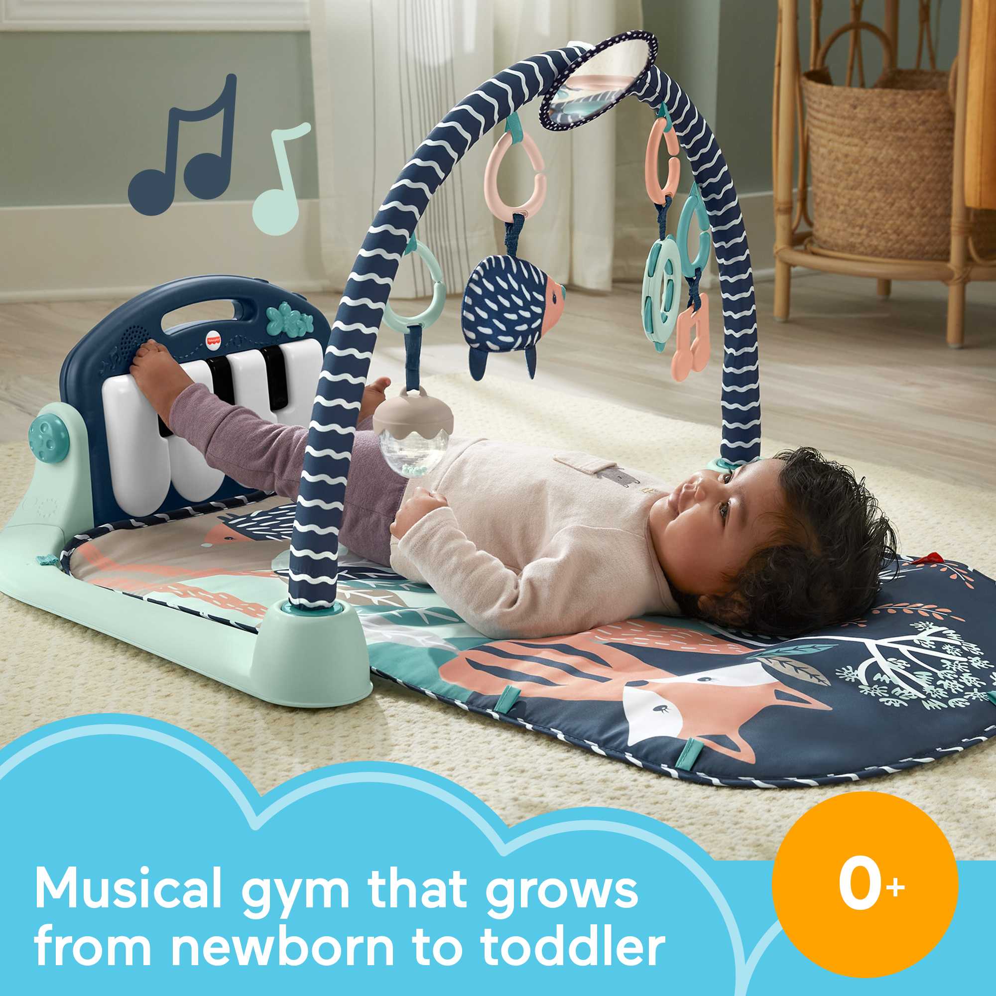 Fisher-Price Baby Gym Playmat With Kick & Play Piano And Tummy Time Toys, Navy Fawn - Image 2