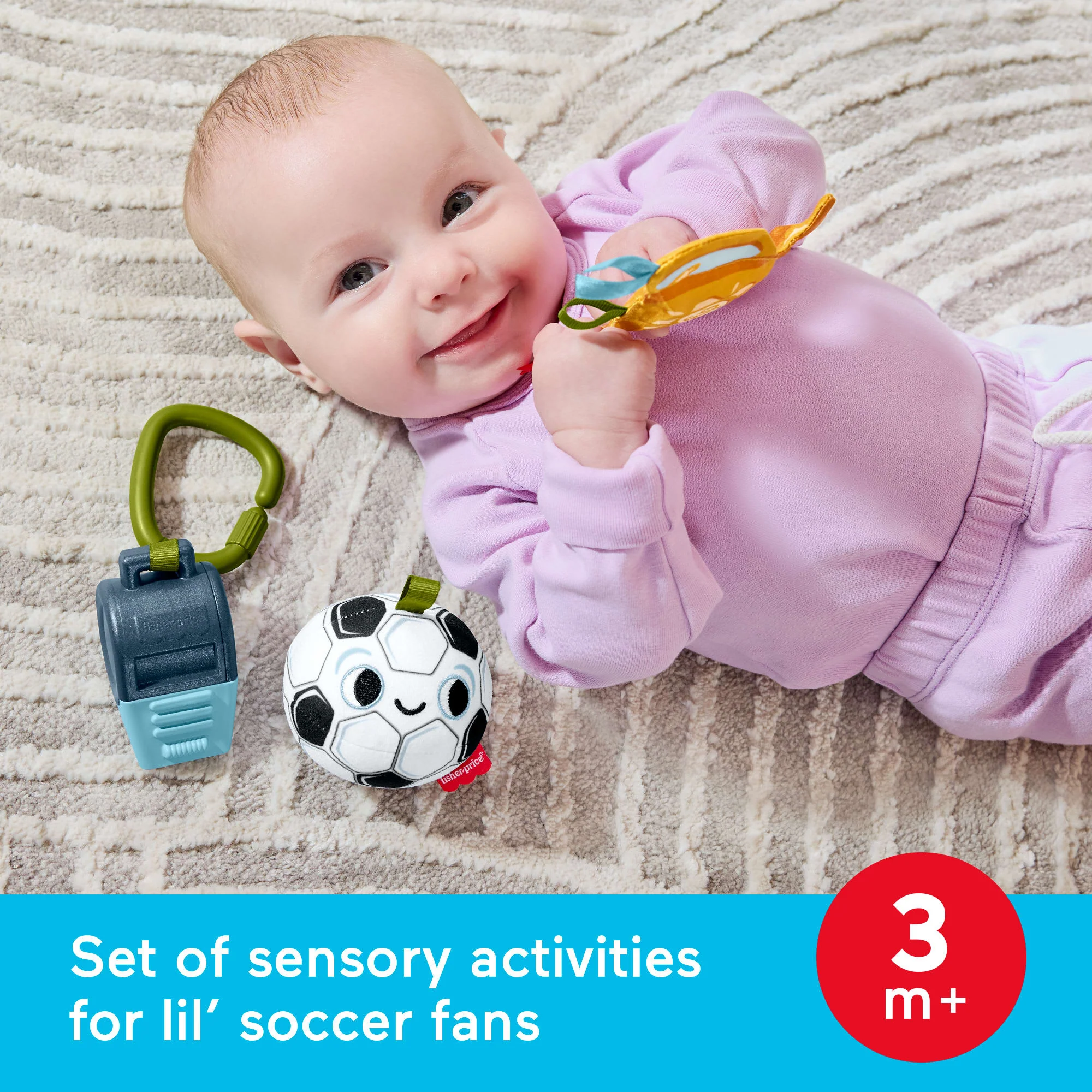 Fisher-Price Mini Me Moments Let's Goal Gift Set, 3-Piece Soccer Themed Baby Rattle & Teether Toys - Image 2