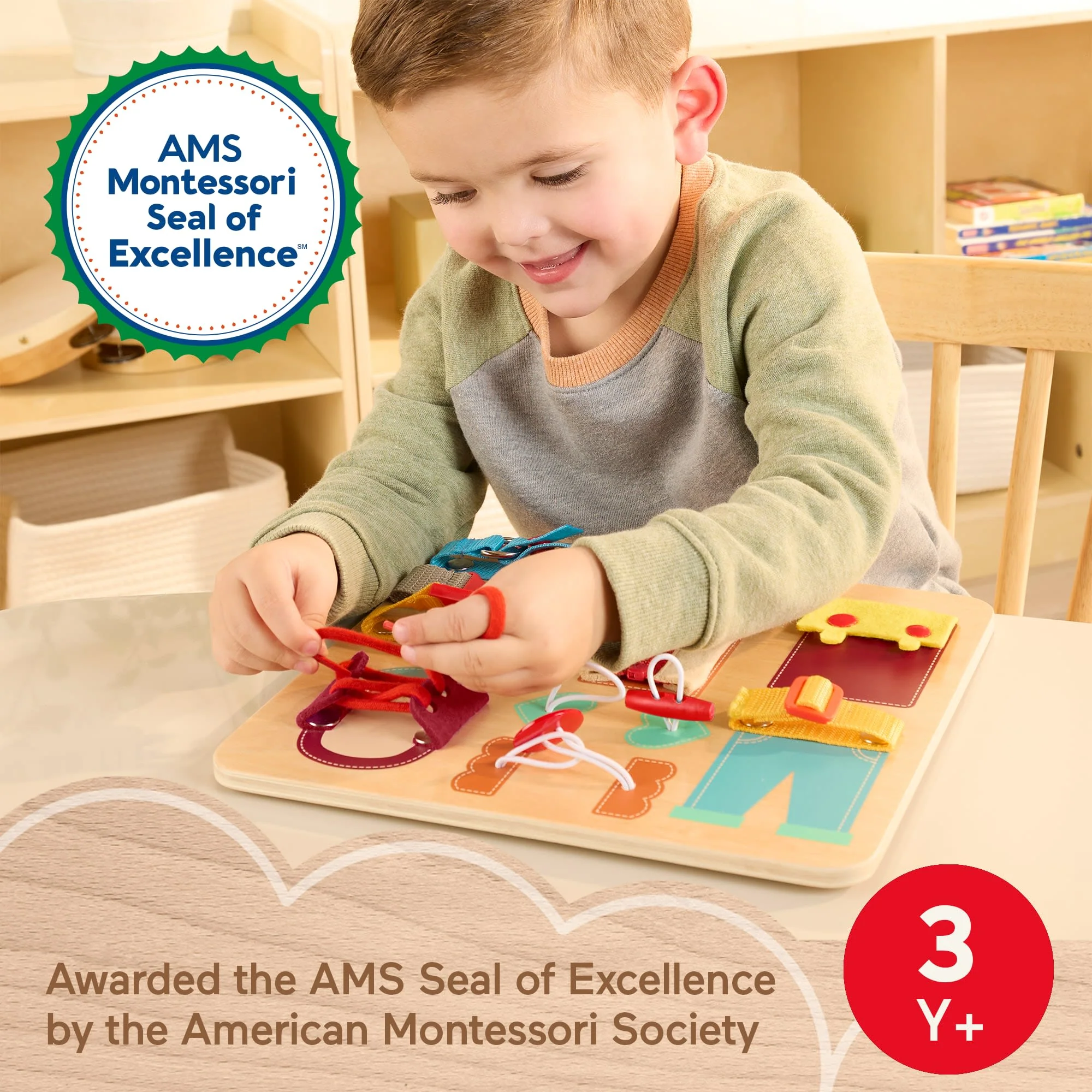 Fisher-Price Montessori Wooden Dressing Busy Board Learning Activity For Kids - Image 2