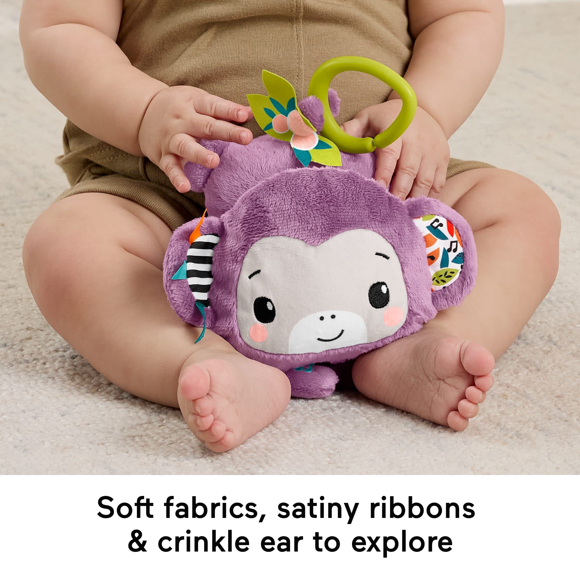 Fisher-Price On-The-Go Purple Monkey Plush Baby Stroller Sensory Toy For Newborns - Image 4