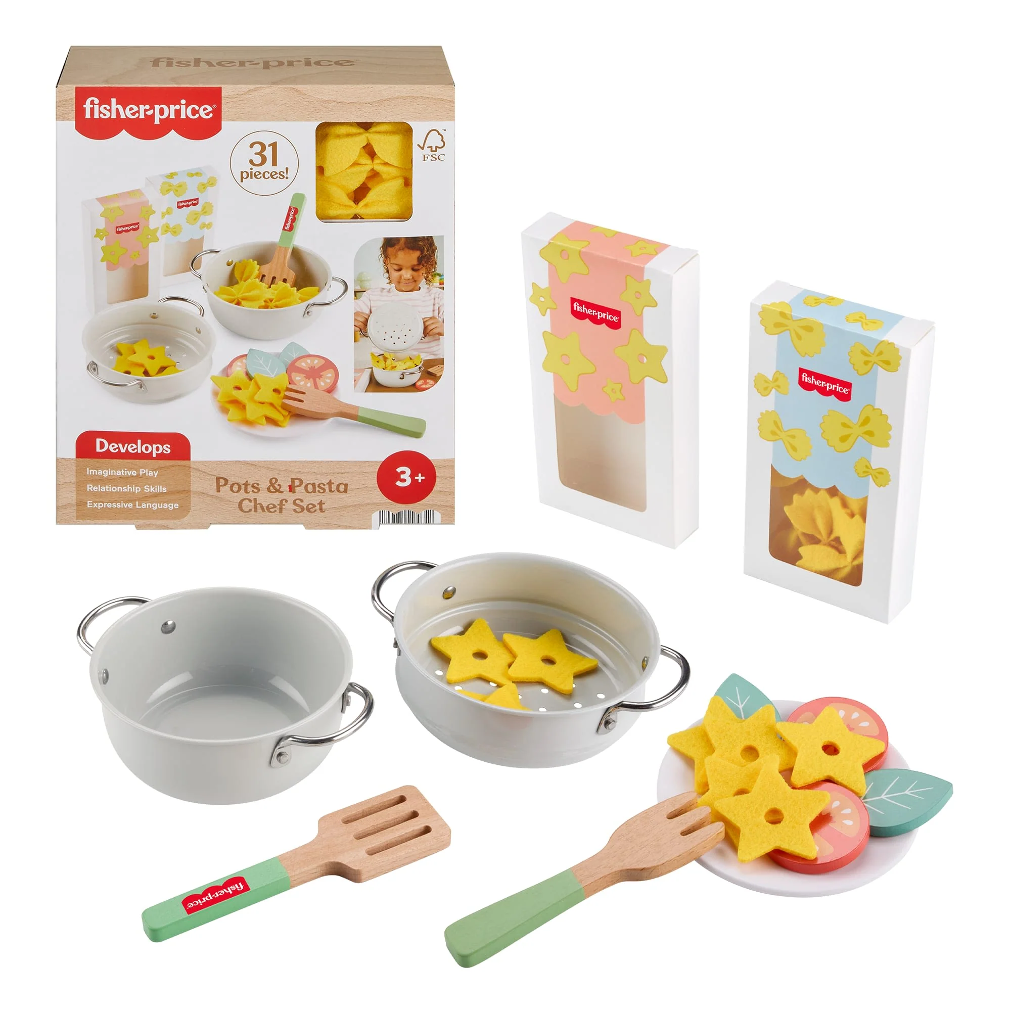 Fisher-Price Pots & Pasta Chef Set, Cooking Toy With Wooden Food For Pretend Play, 31 Pieces