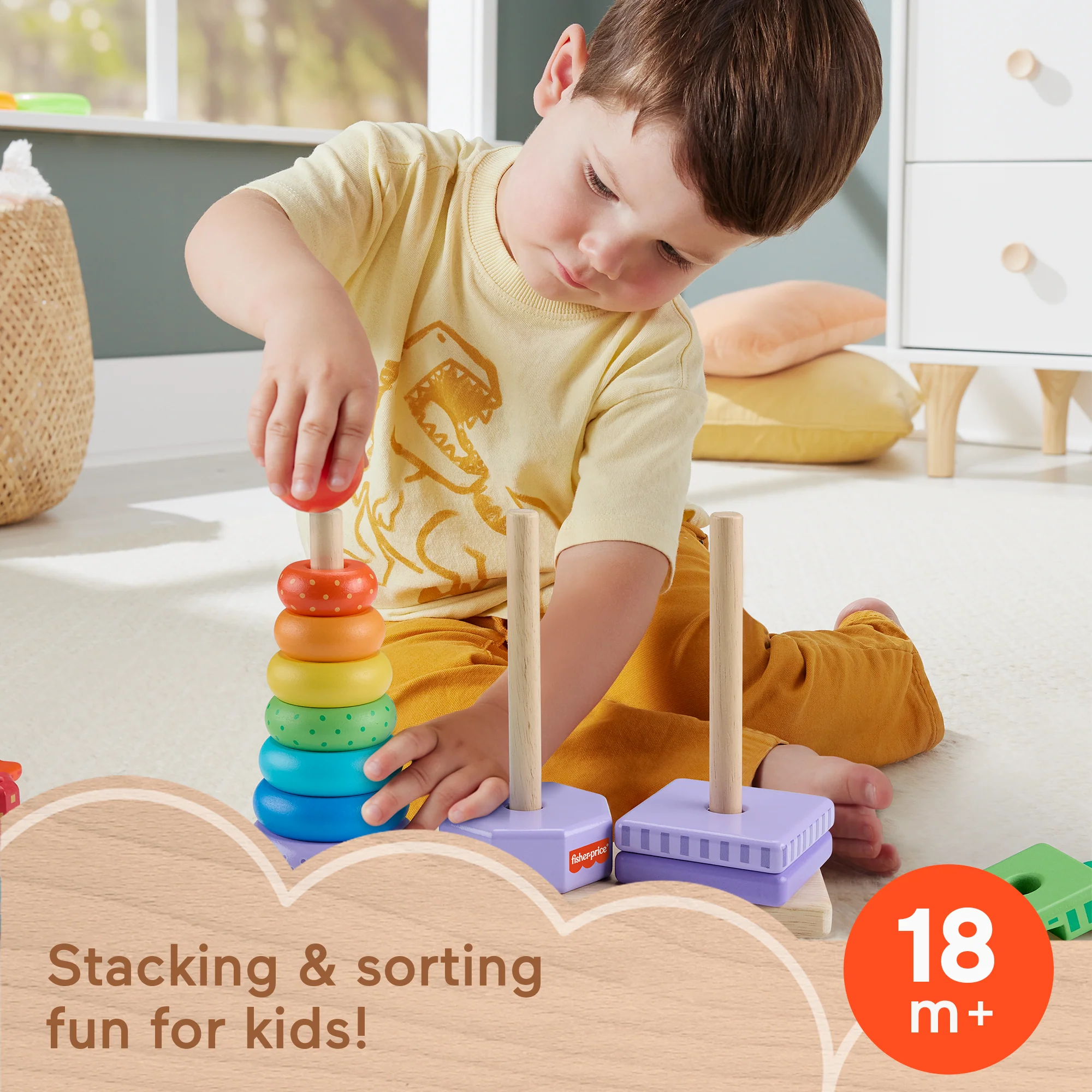 Fisher-Price Wooden Stacking Shape Sorter Toddler Fine Motor Toy, 26 Pieces - Image 2