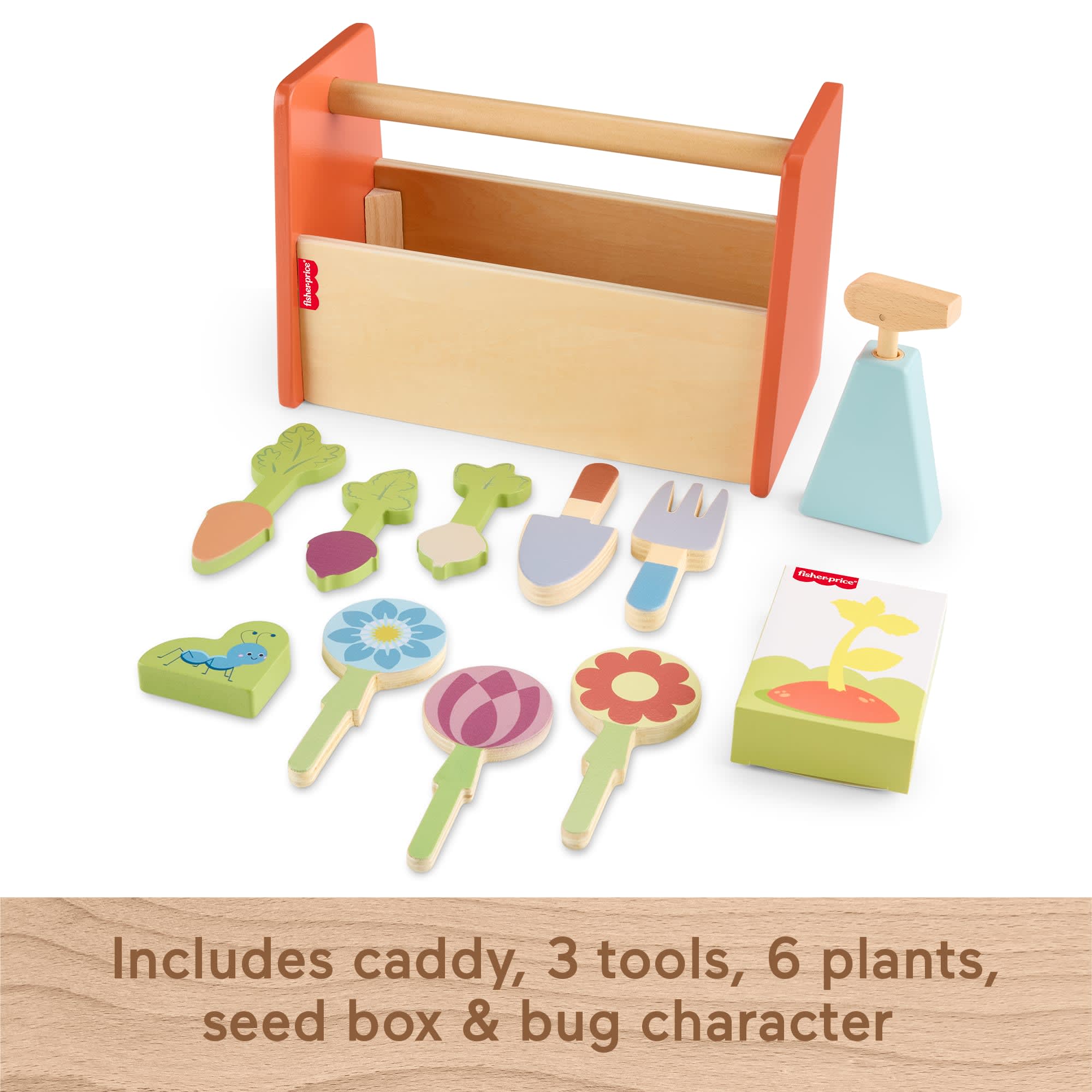 Fisher-Price Tiny Garden Wooden Garden Caddy Pretend Play Set With Tools For Kids, 12 Wood Pieces - Image 5