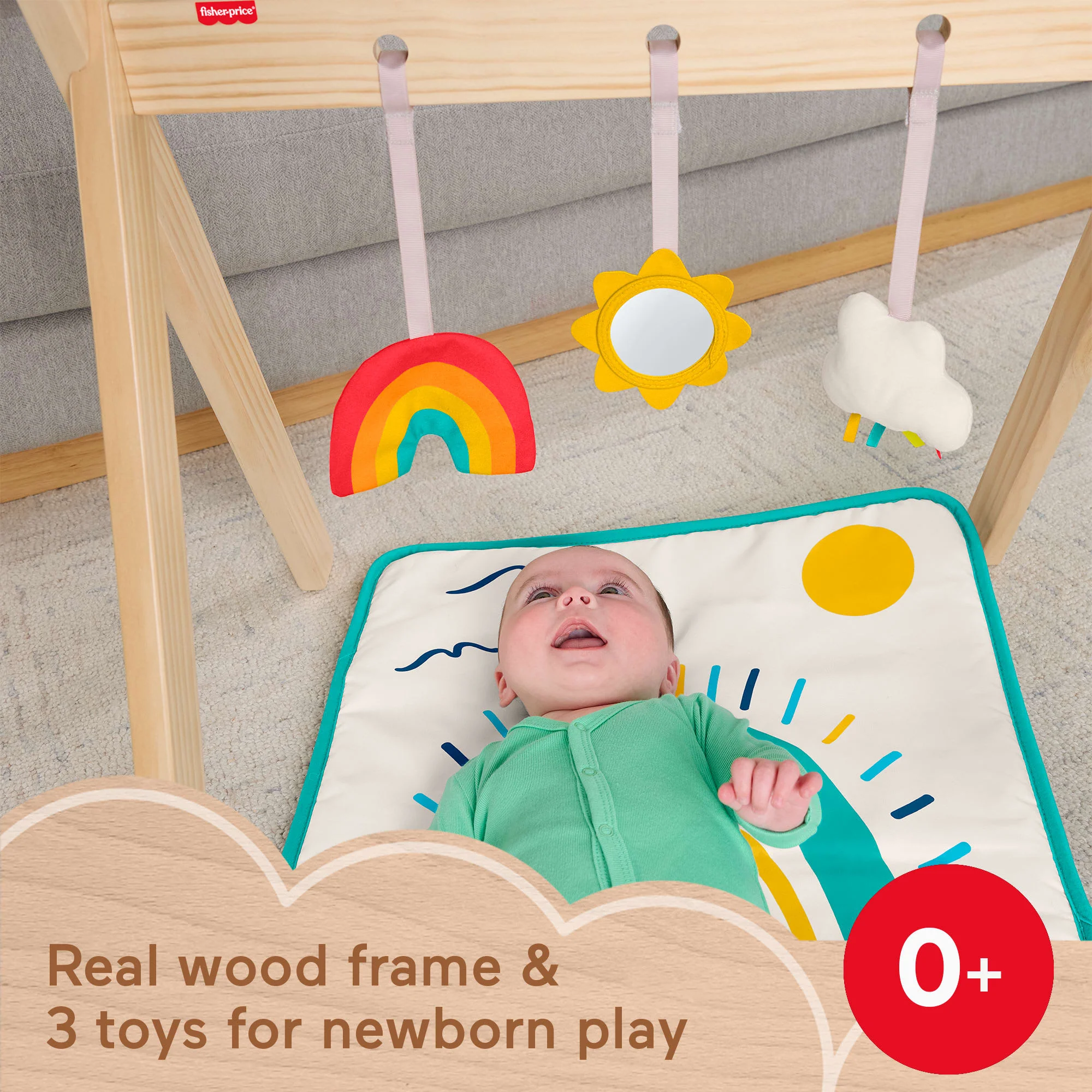 Fisher-Price Wooden Activity Gym, Wood Frame With 3 Sensory Toys & Mat For Newborn Babies - Image 2