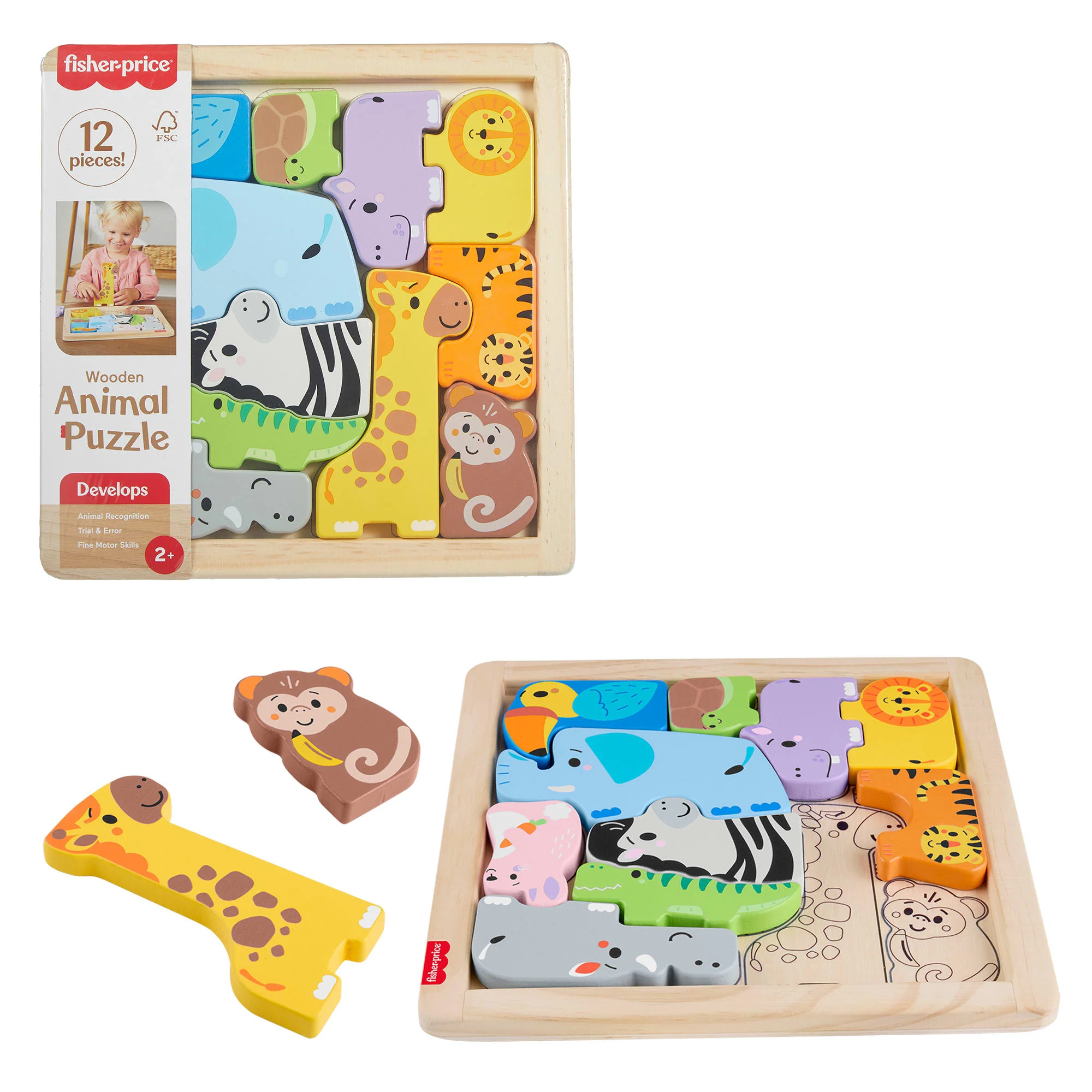 Fisher-Price Wooden Animal Puzzle, Shape-Sorting Activity For Kids, 13 Wood Pieces
