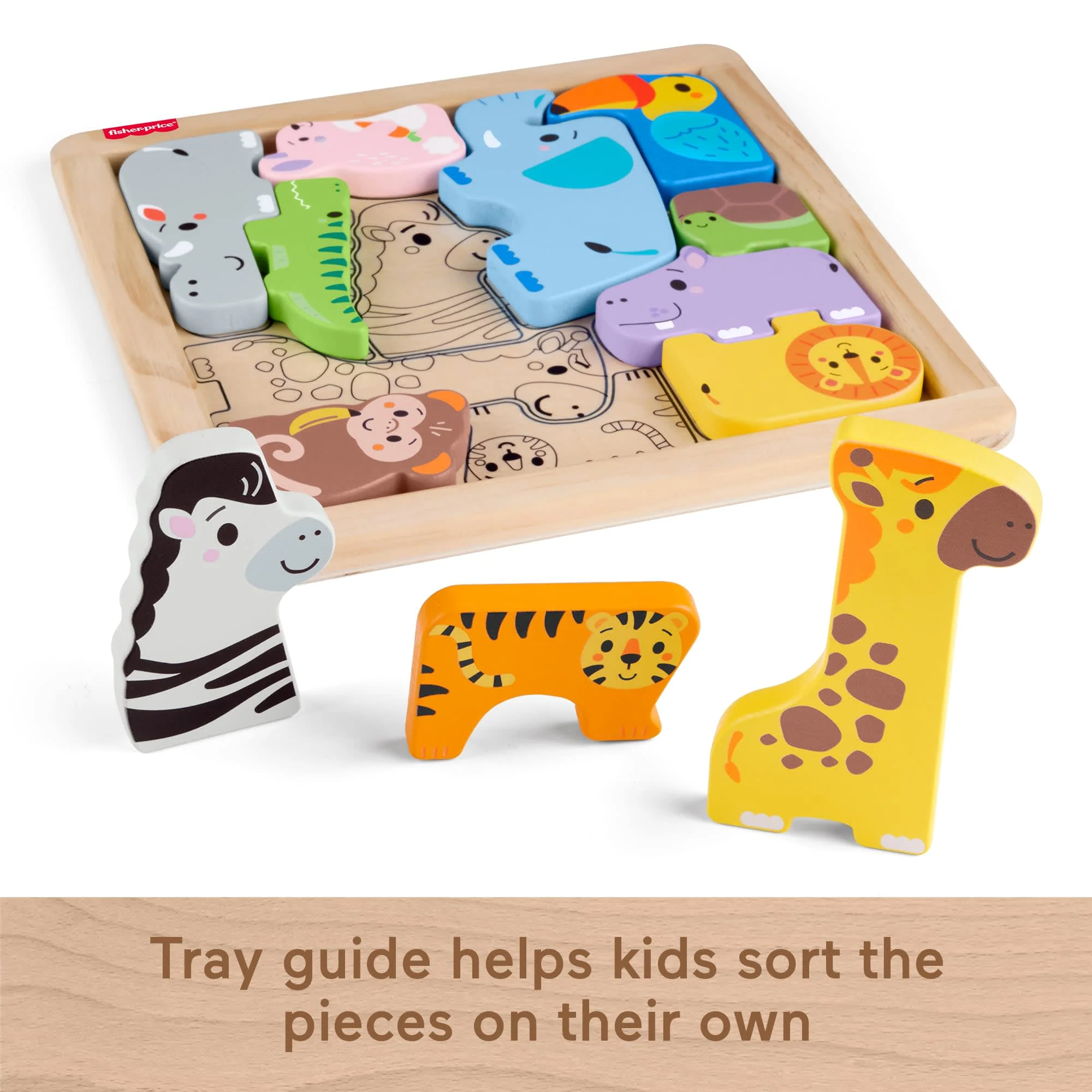 Fisher-Price Wooden Animal Puzzle, Shape-Sorting Activity For Kids, 13 Wood Pieces - Image 5