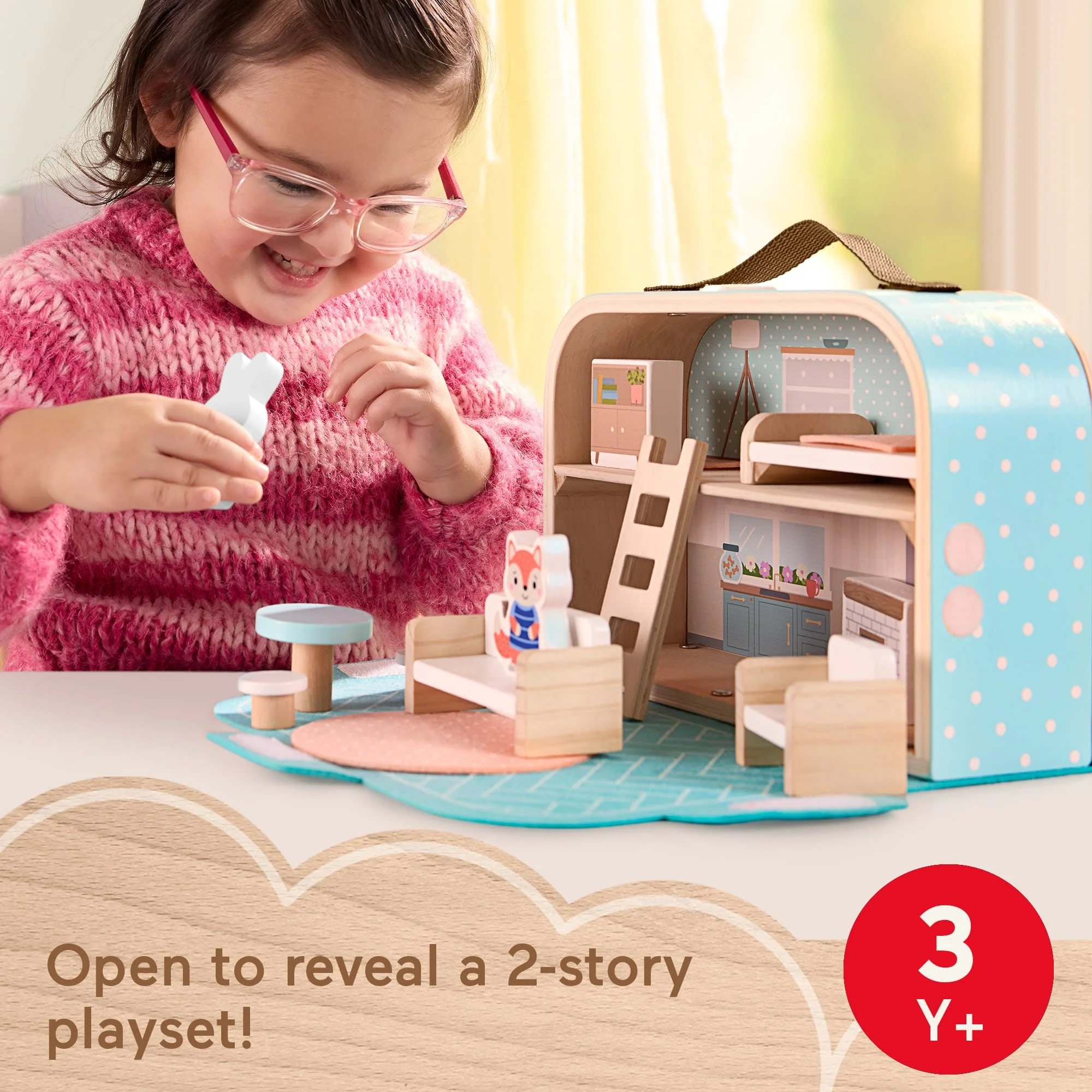 Fisher-Price Wooden Carry Along Dollhouse Portable Playset For Preschool Kids, 15 Pieces - Image 2